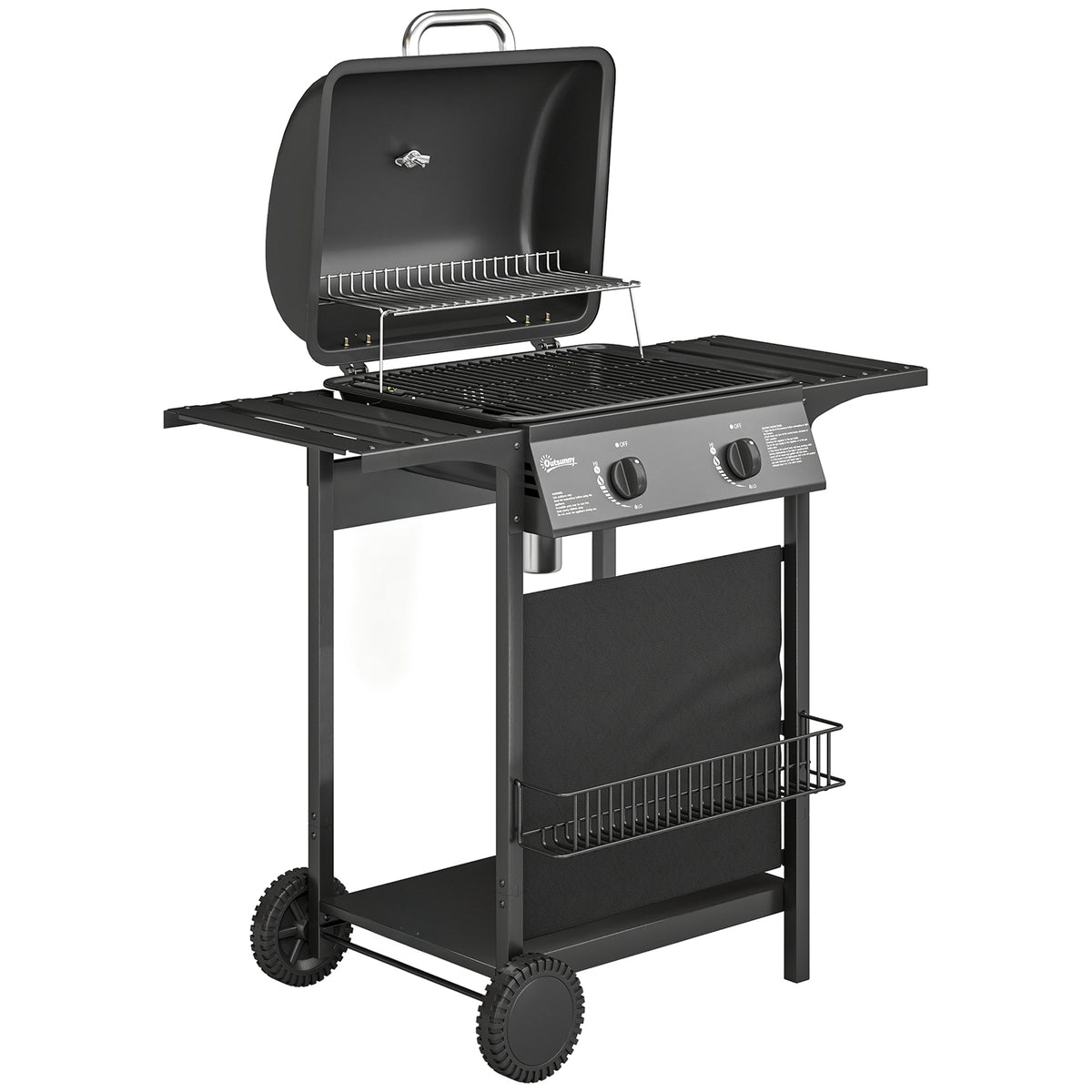 Gasbarbecue 5 kW 2 branders BBQ grillwagen roestvrij staal incl. zijtafel, ondermand, frontafdekking