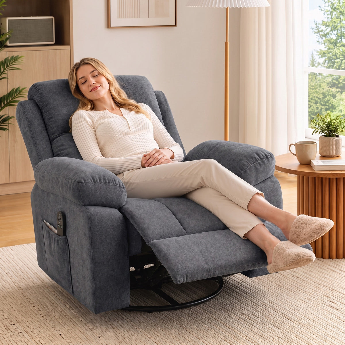 Relaxfauteuil tv-fauteuil 360° draaibare massagestoel met warmte, massage, chenille-look, donkergrijs (2)