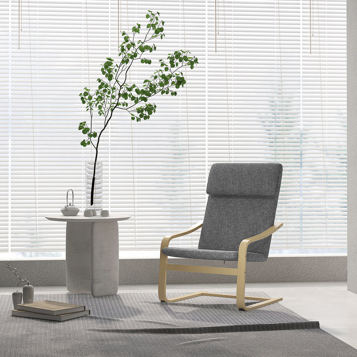 Fauteuil met hoofdsteun en armleuningen, bekleding in linnenlook, houten frame, grijs + naturel (2)