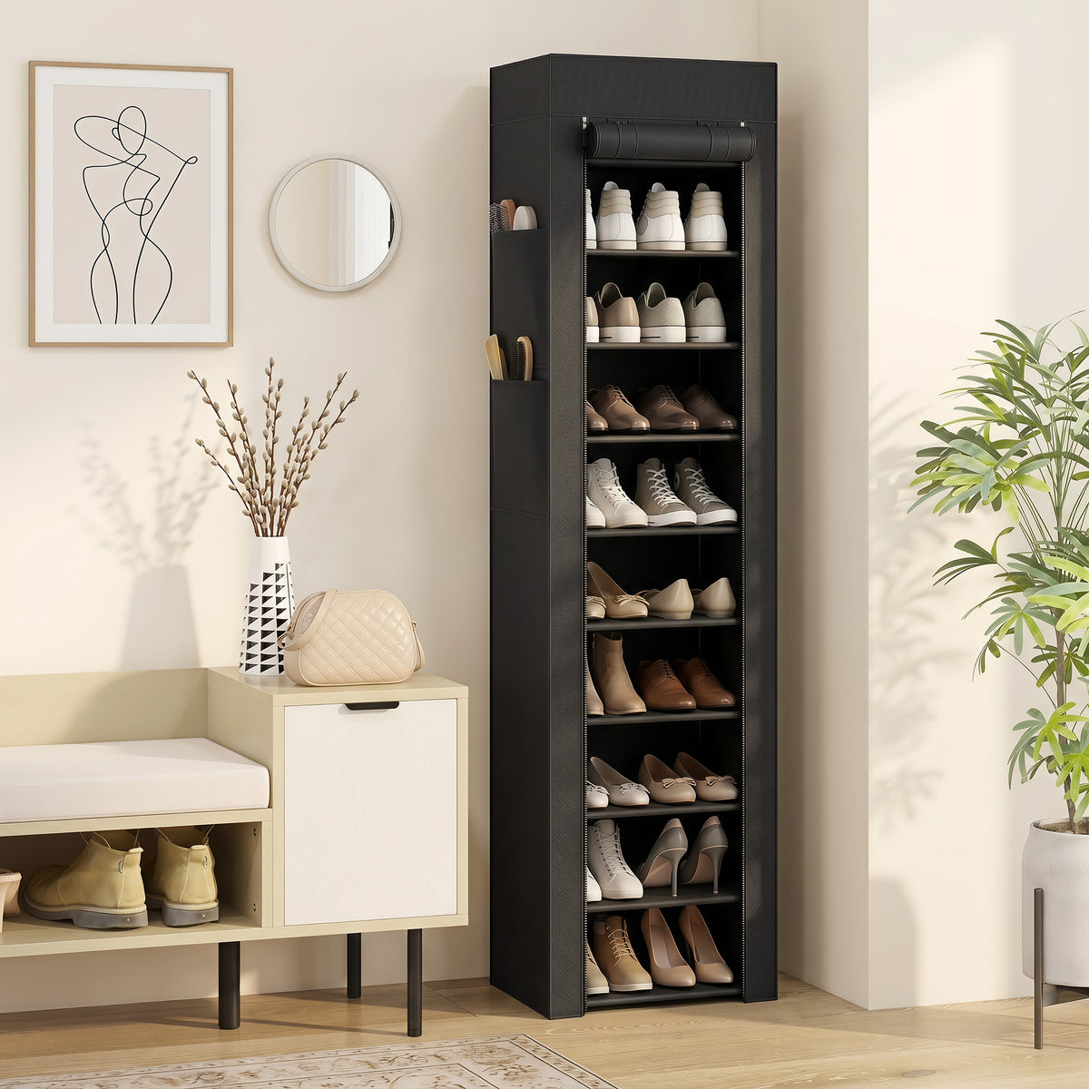 Schoenenrek van metaal met stofdichte stoffen hoes, voor maximaal 20 paar schoenen, 45 x 30 x 175 cm, zwart (2)