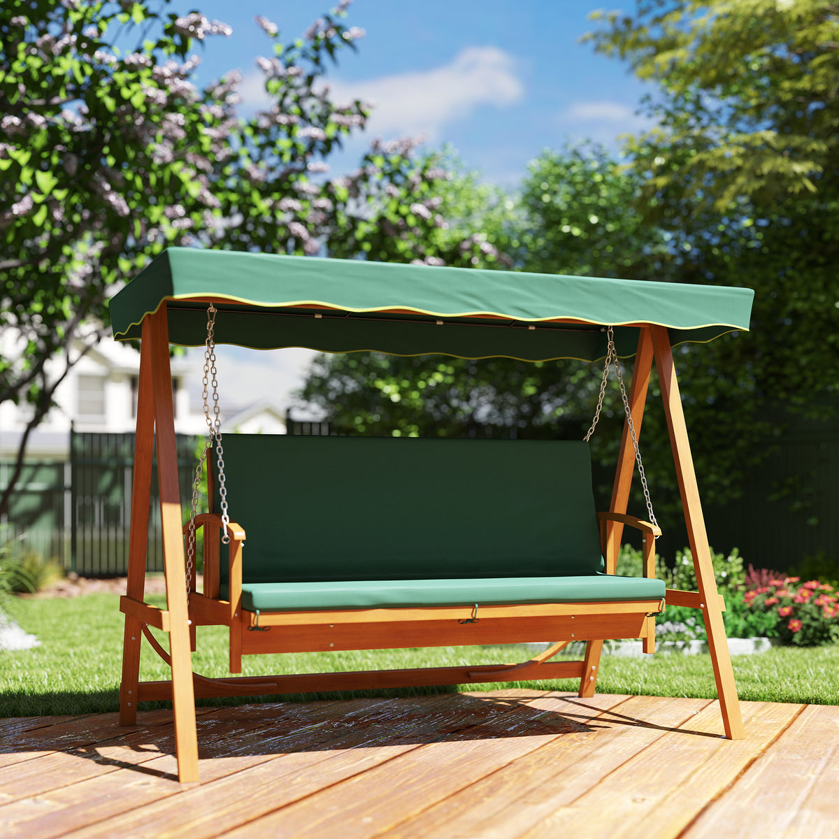 Hollywoodschommel met ligfunctie, houten tuinbank, 3-zits, voor tuin, terras, donkergroen (2)