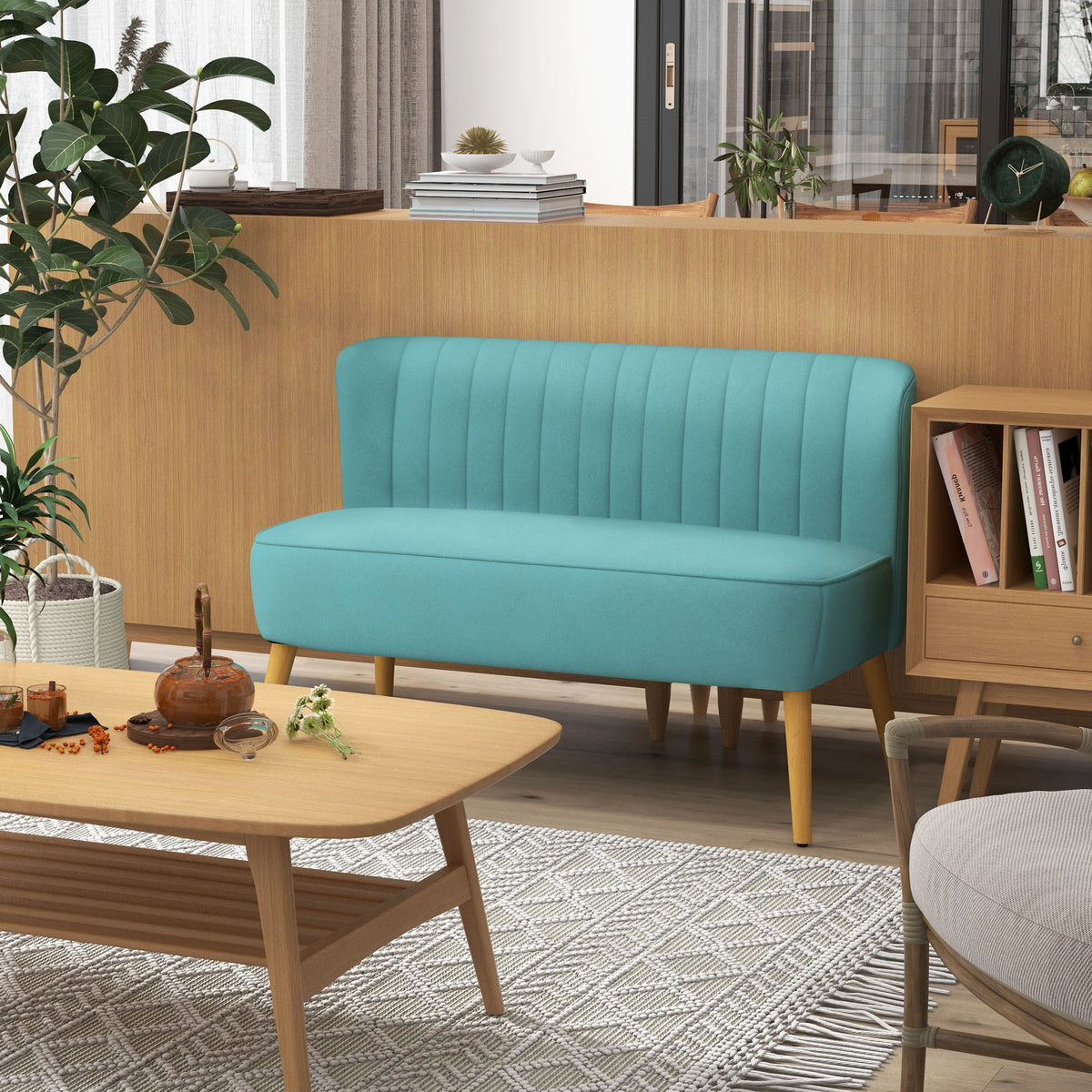 Sofa retrodesign 2-zitsbank, houten poten, 117 cm x 56,5 cm x 77 cm, groen (2)