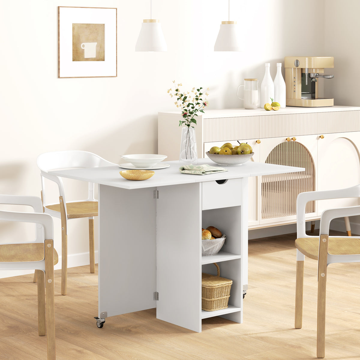 Opklapbare eettafel voor 2-4 personen, inklapbare keukentafel met opbergruimte, uitschuifbare tafel op wielen (2)