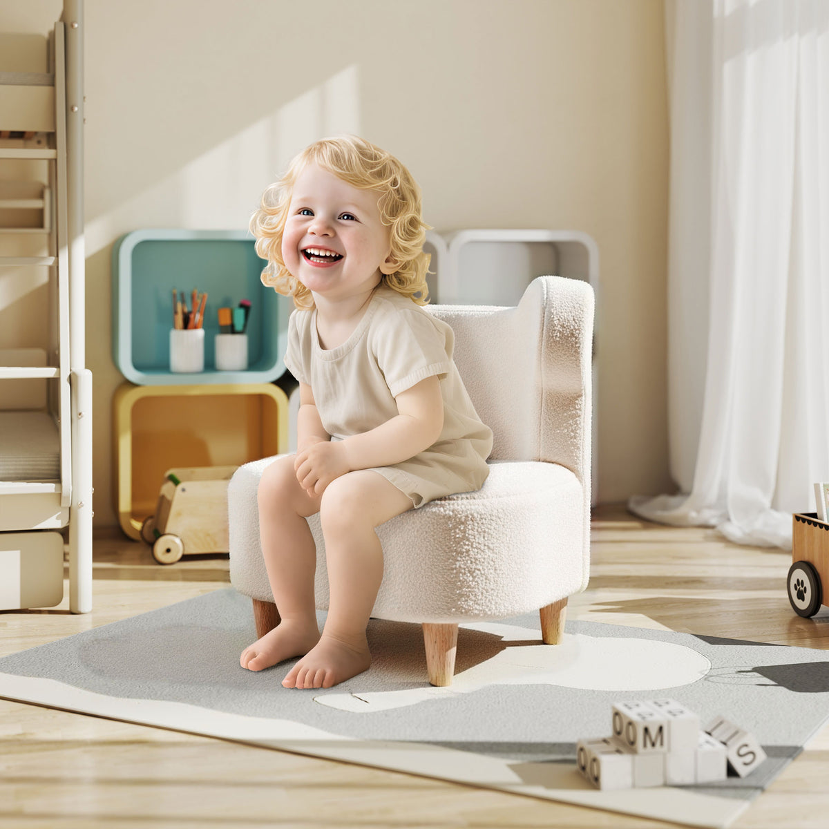 Kinderstoel, pluche stoel met berenoortjes, fleece hoes, schuimrubber, beige (2)