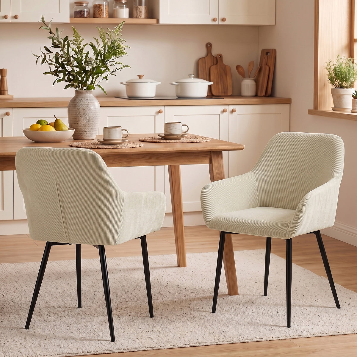 Eetkamerstoelen set van 2, gestoffeerde keukenstoelen met metalen poten, crèmewit (2)