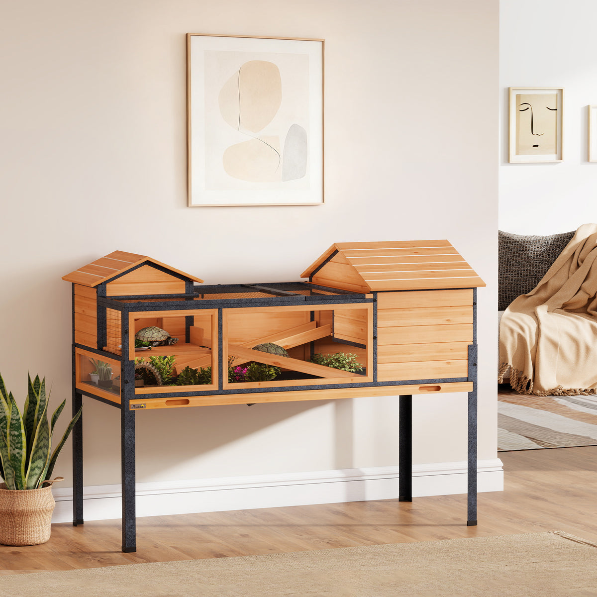 Schildpaddenverblijf, klein dierenverblijf, 2 kamers, 2 verdiepingen, raam, hellingen, accessoires, hout, staal (2)