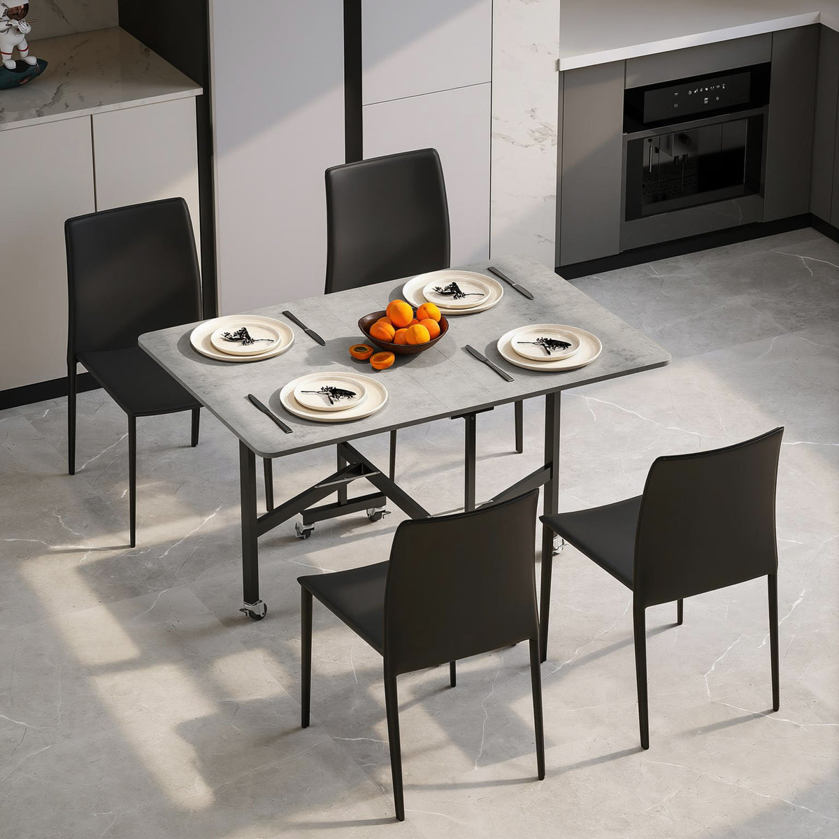 Eettafel voor 4-6 personen, klaptafel met wieltjes, stalen onderstel, 52,5-120 x 80 x 73 cm, grijs (2)