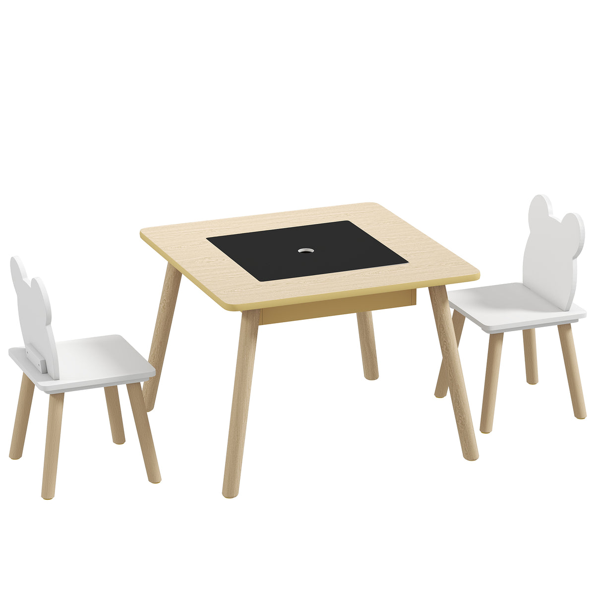 Kindertafel met 2 stoeltjes, kindermeubelset met opbergruimte en rugleuning in de vorm van een beer voor