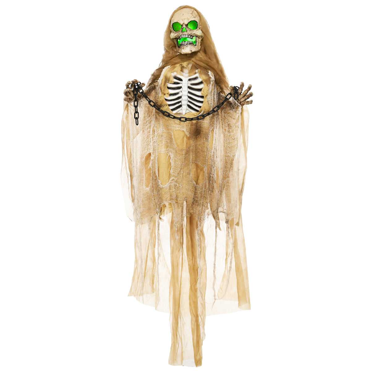 Halloweendecoratie, hangend skelet, oplichtend hoofd, griezelig gehuil, buigzame armen, kaki