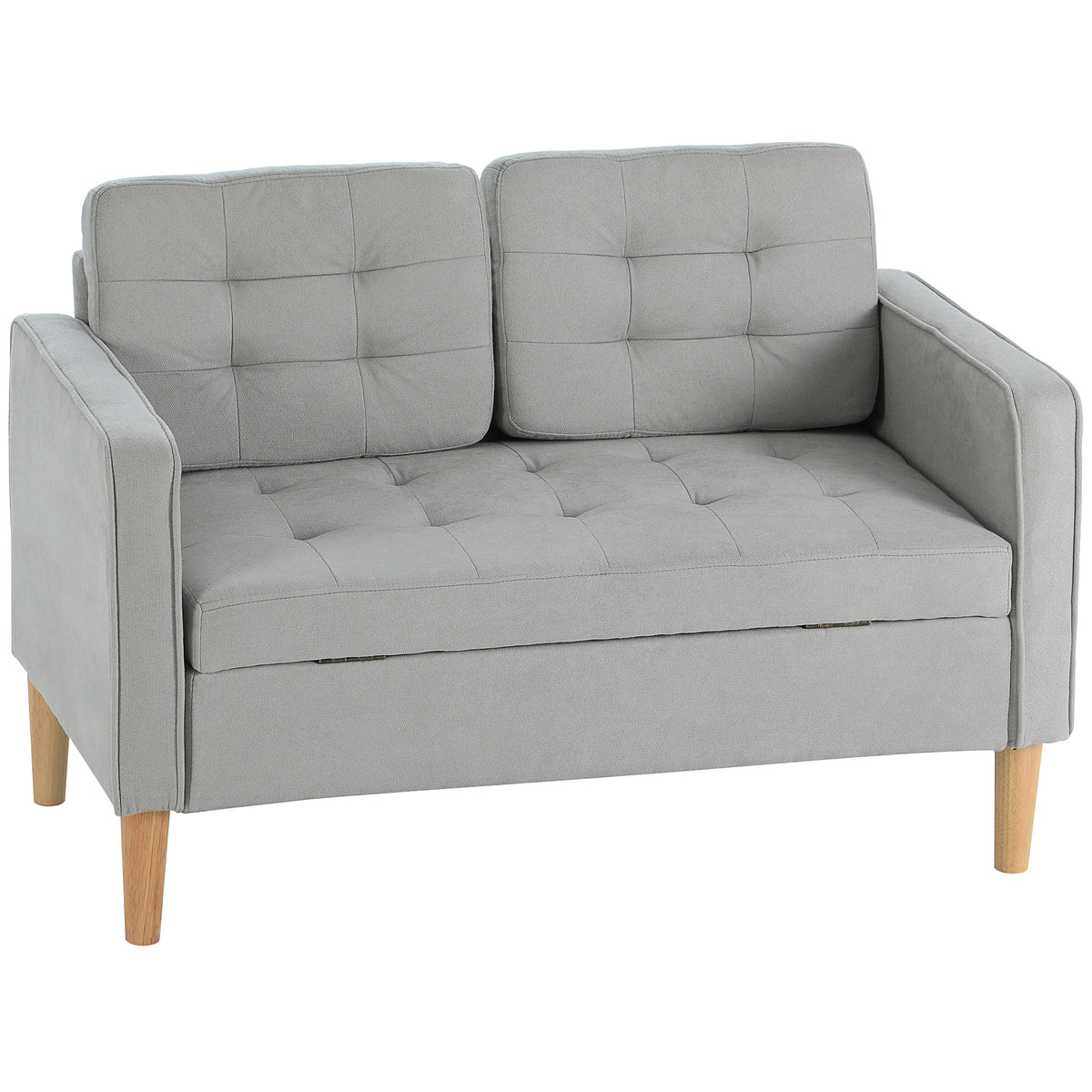 Tweezitsbank met opbergruimte, knoopafwerking, kussens, rubberhout, 117x62x78cm, lichtgrijs
