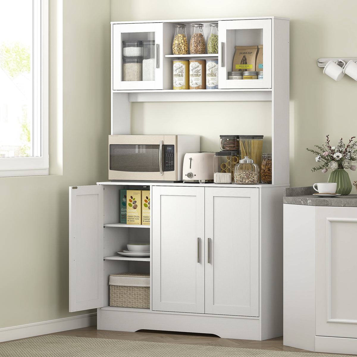 Keukenkast, Scandinavisch design, 4 kasten, verstelbare planken, glazen deuren, open ruimte, spaanplaat, MDF (2)