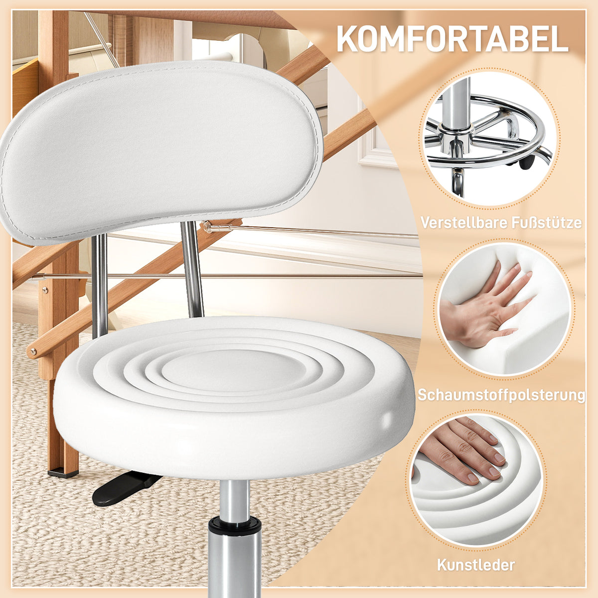 Rolkruk, draaibare en verstelbare kruk met rugleuning, kunstlederen bekleding, voetensteun, voor kaptafels, wit (4)