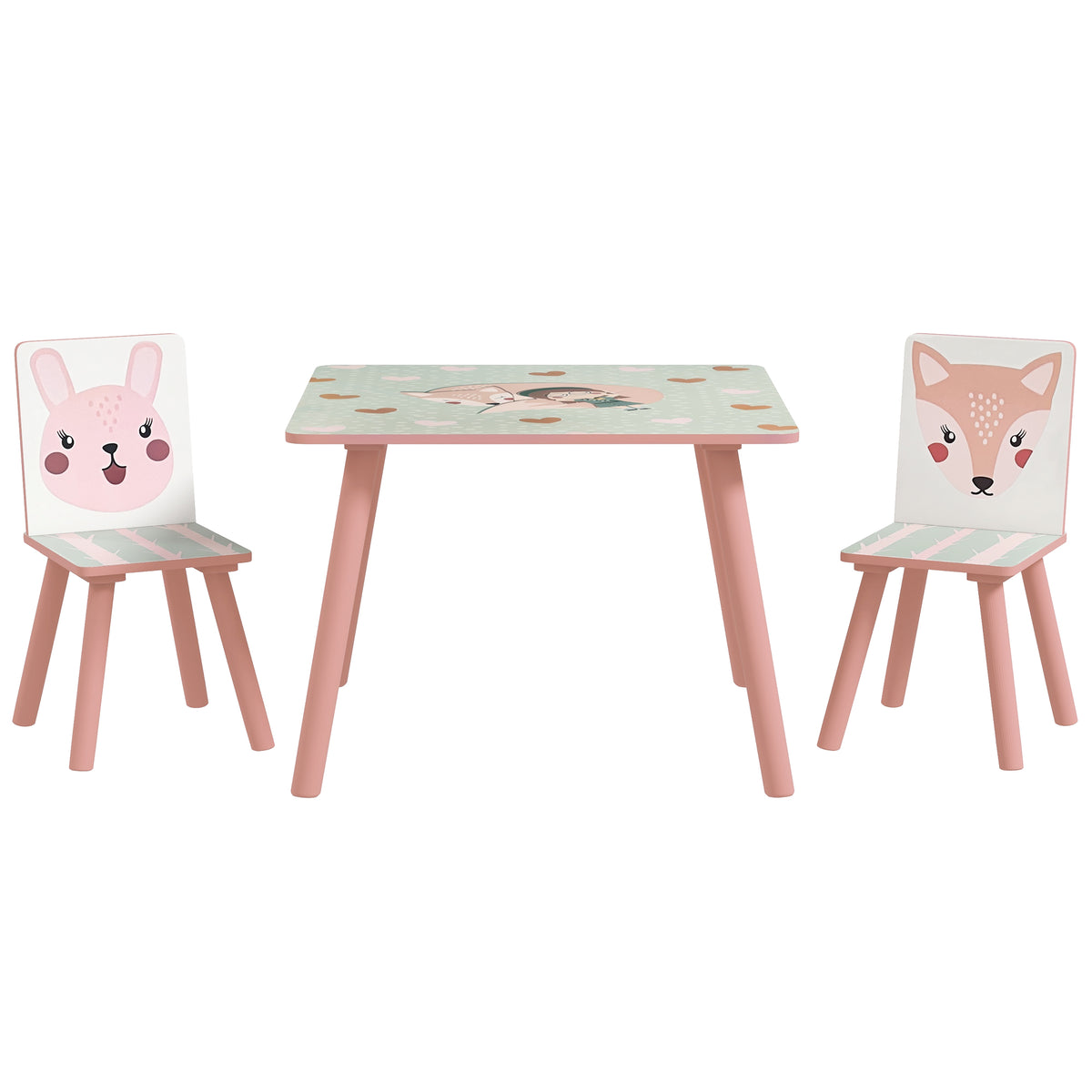 Kindersetzgroep van grenenhout, tafel met 2 stoeltjes, diermotief, kinderkamer, 3-8 jaar, roze