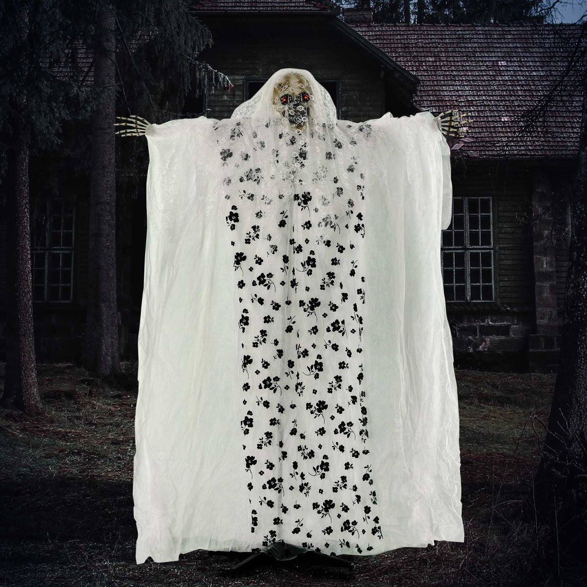 Halloween-decoratie spokenbruid, geschreeuw & oplichtende ogen, bewegingsgeactiveerd, 170 cm groot, voor binnen (2)