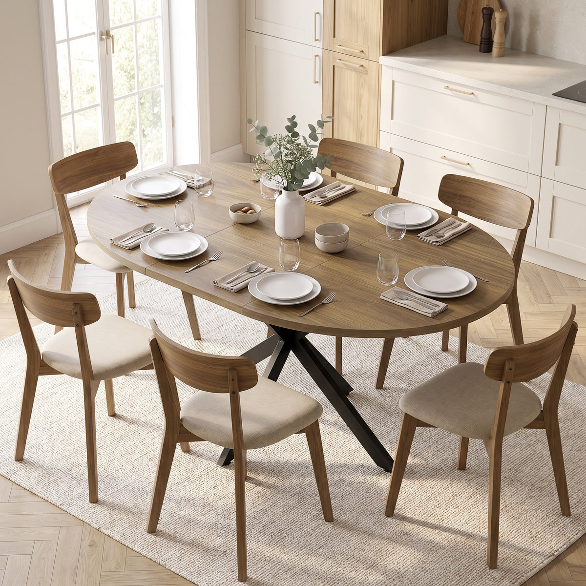 Uitschuifbare eettafel voor 4-6 personen, keukentafel in industriële look met spinpoot, bruine houtlook (2)
