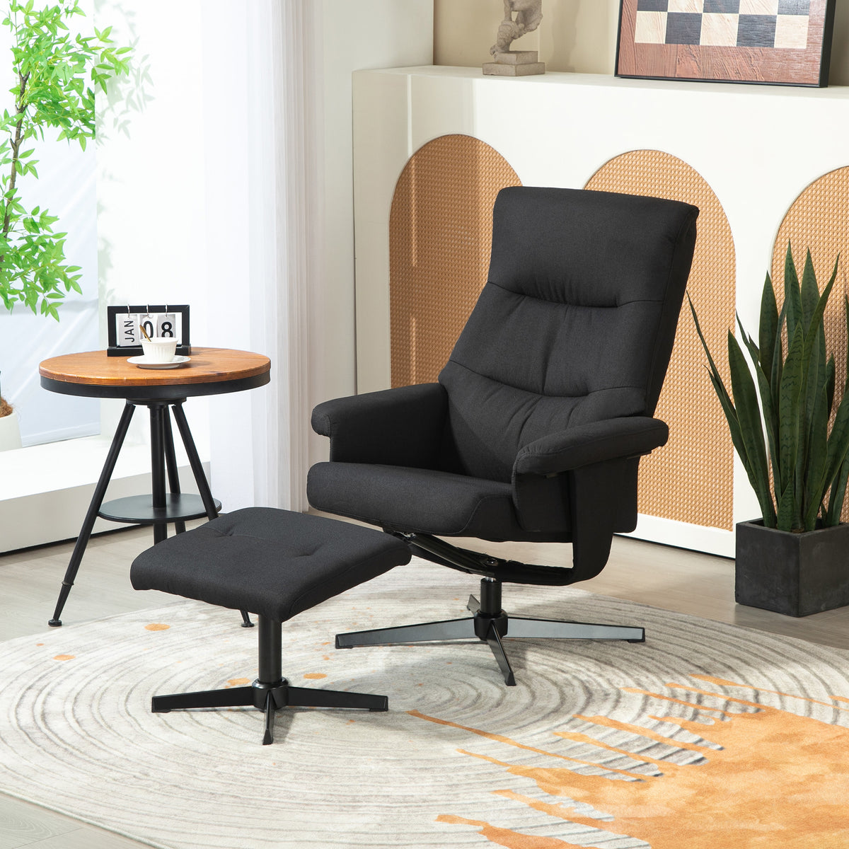 Relaxfauteuil met hocker, draaibaar, schommelfunctie, fluweeloptiek, tot 150 kg, zwart (2)