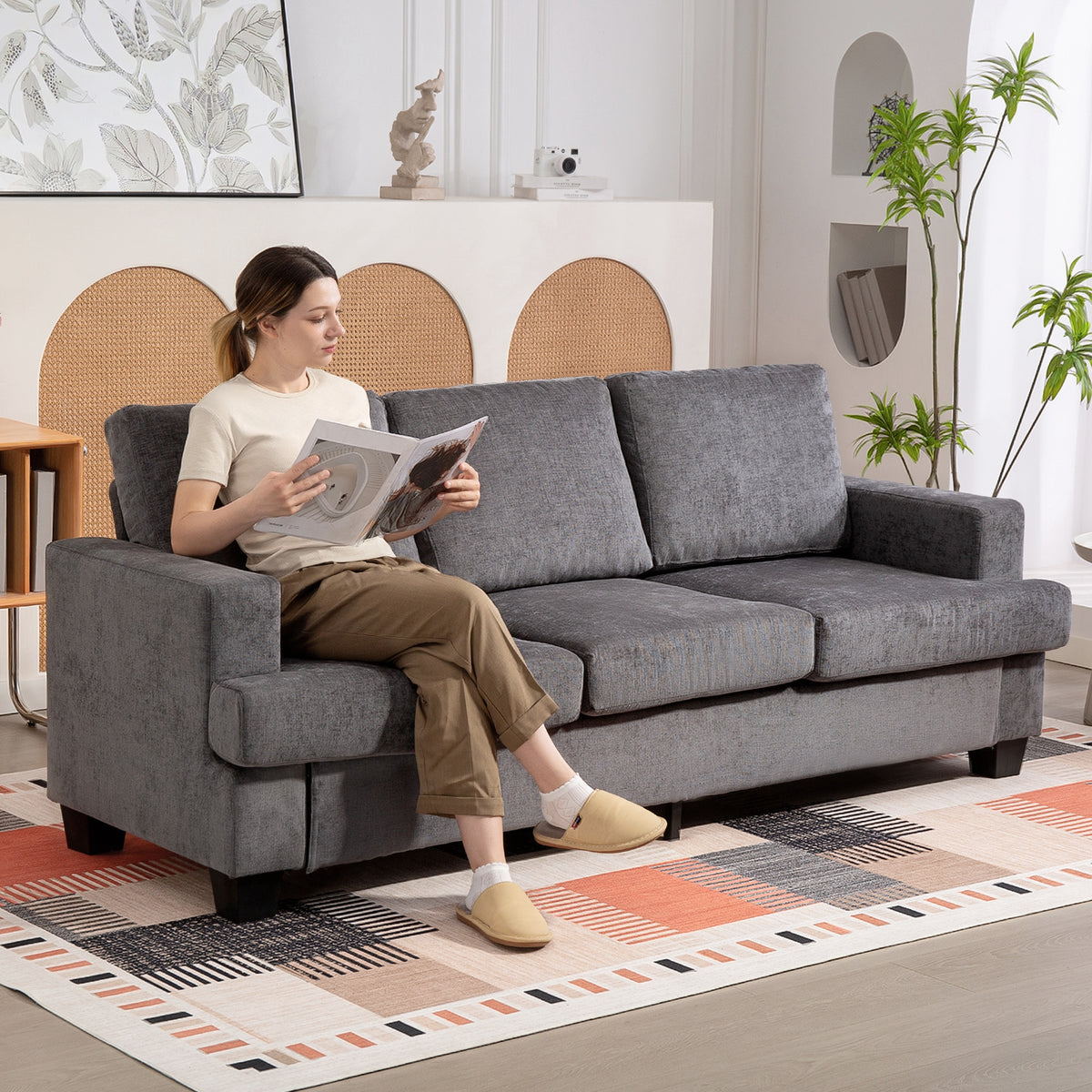 3-zitsbank, woonkamerbank voor 3 personen, stoffen bekleding, stalen frame, gestoffeerde bank, grijs (2)