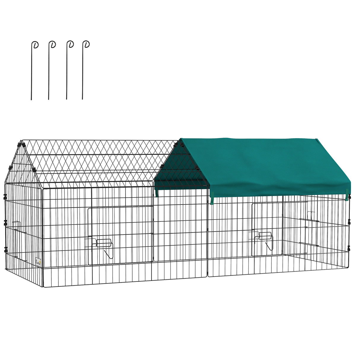 Dierenren met dak, 4 deuren, weerbestendig, staal/polyester, 185x75x75cm, zwart/groen