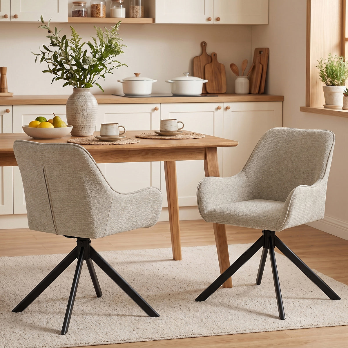 Eetkamerstoelen set van 2, draaibare keukenstoel met armleuningen, metalen frame voor woonkamer, eetkamer, beige (2)