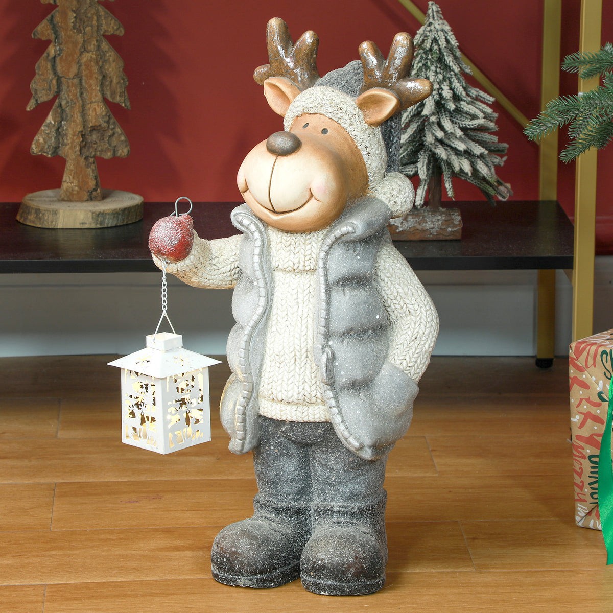 Kerstdecoratie, rendier met lantaarn, led, op batterijen, 25,5 x 19,5 x 52 cm (2)