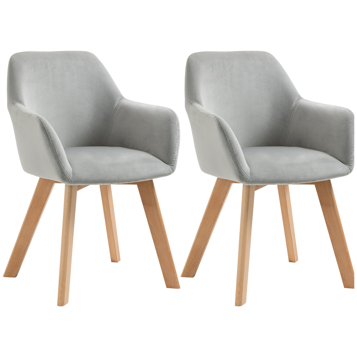 Set van 2 stoelen, eetkamerstoelen, fluweel-look, houten poten, 54 cm x 57 cm x 80 cm, grijs + naturel