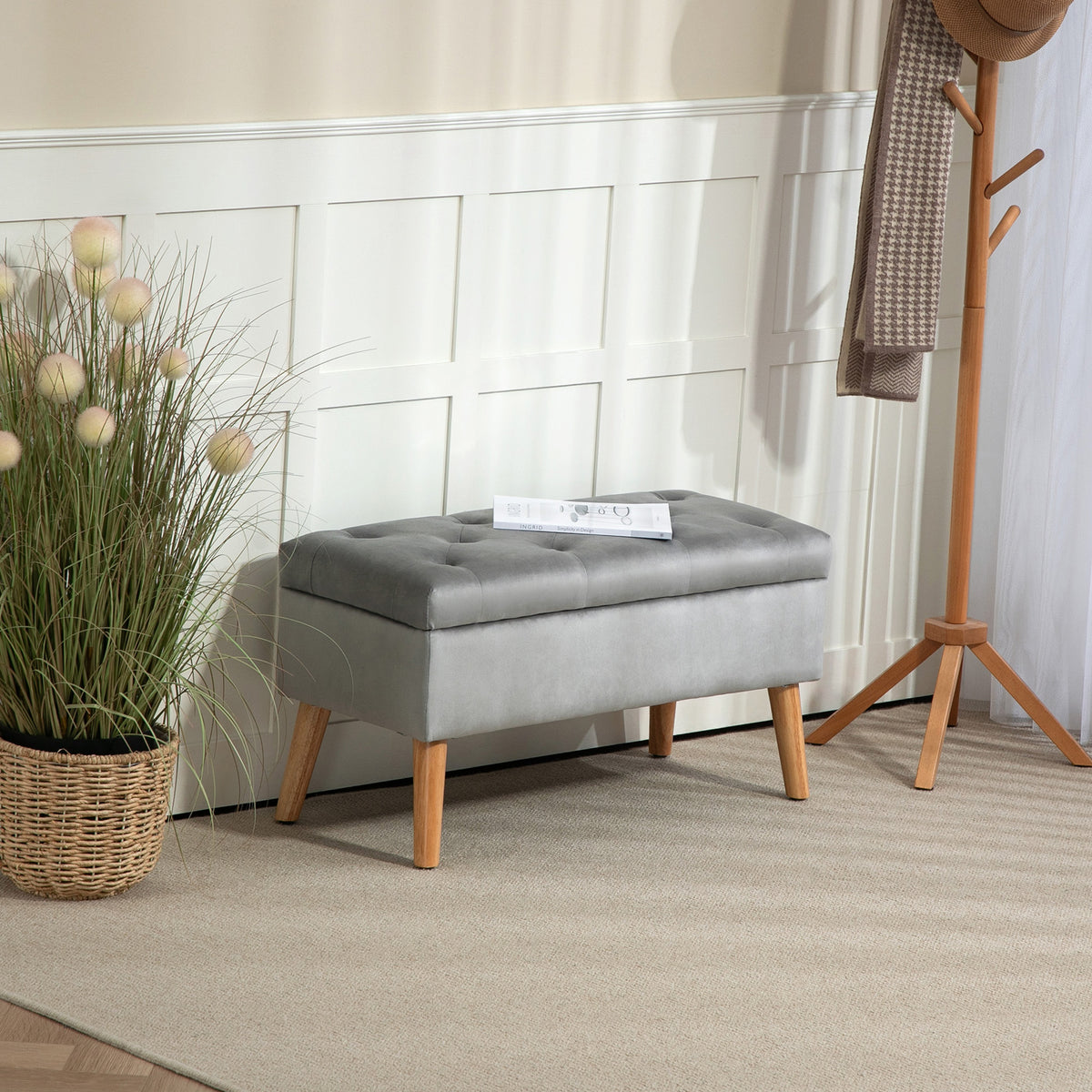 Gestoffeerde bank met opbergruimte, stoffen bekleding in fluweellook, houten poten, voor woonkamer, slaapkamer (2)
