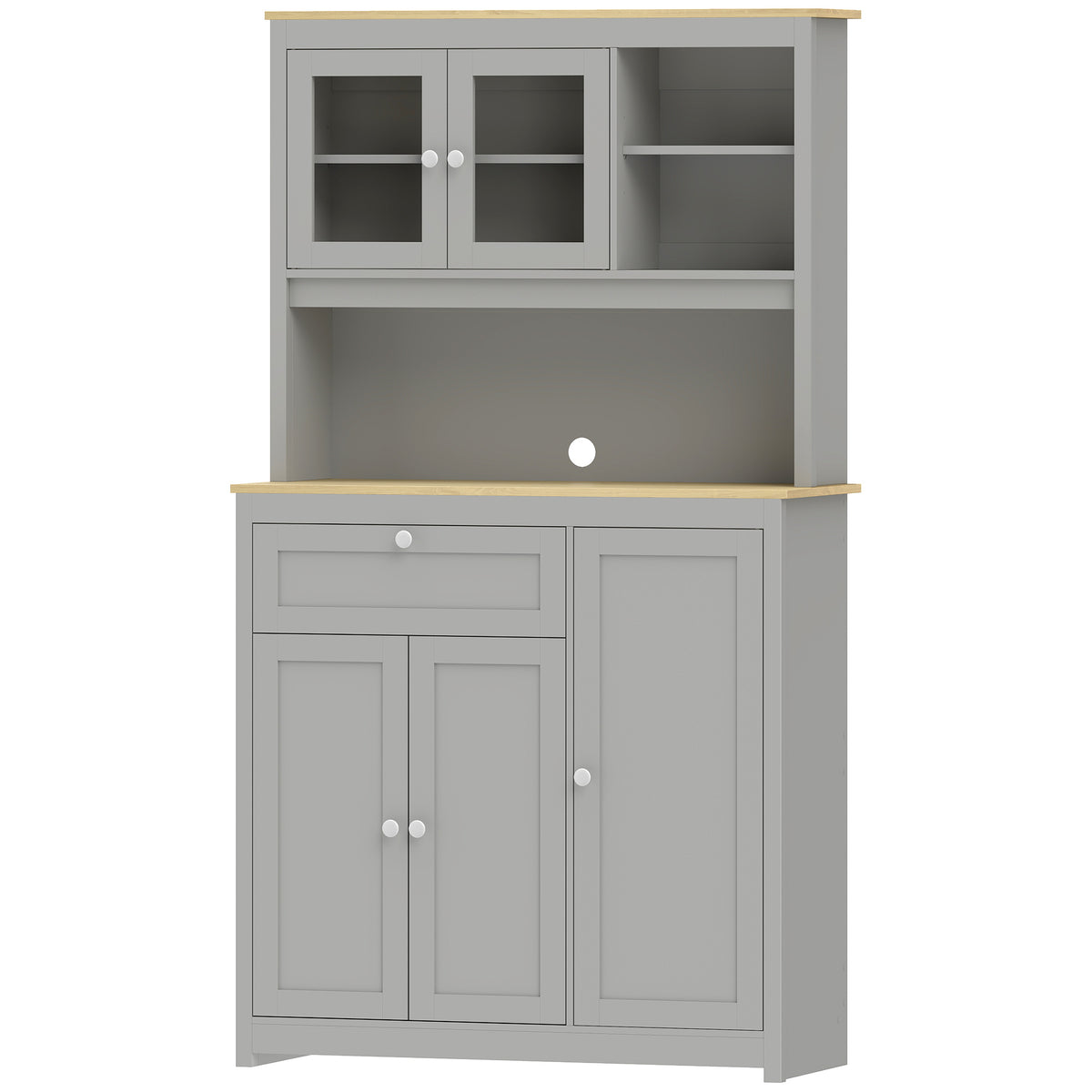 Voorraadkast met open werkblad en kabeldoorvoer, keukenbuffet met glazen deuren grijs, 180cm