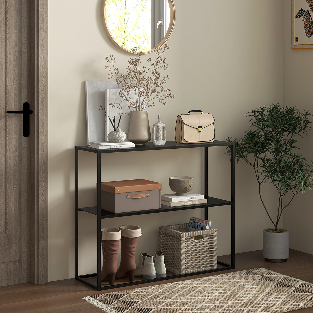 Sidetable, dressoir, 2 niveaus, gepoedercoat staal, 90 x 30 x 75 cm, zwart (2)