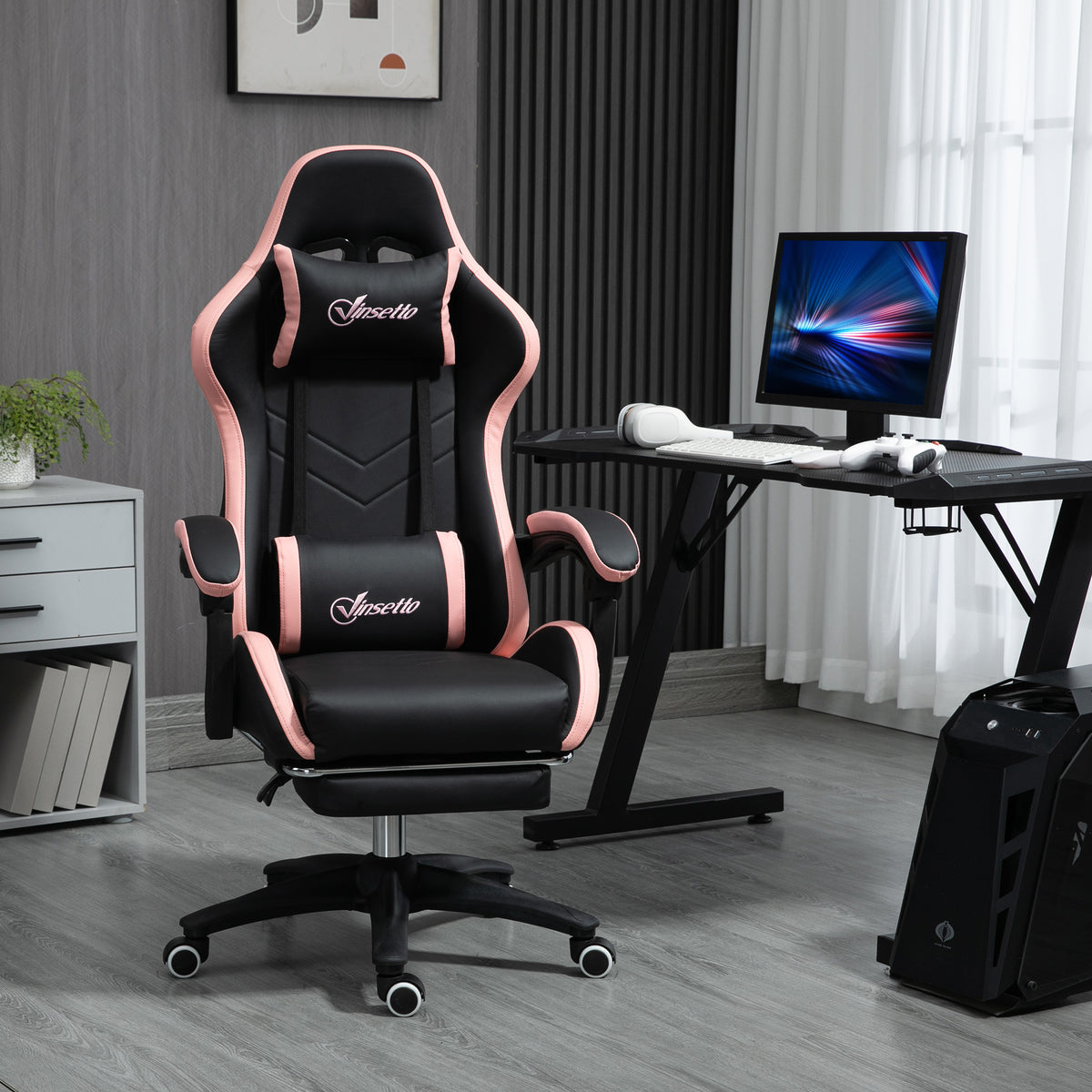 Bureaustoel, gamingstoel, 1 hoofdsteun, 1 lendensteun, roze + zwart (2)