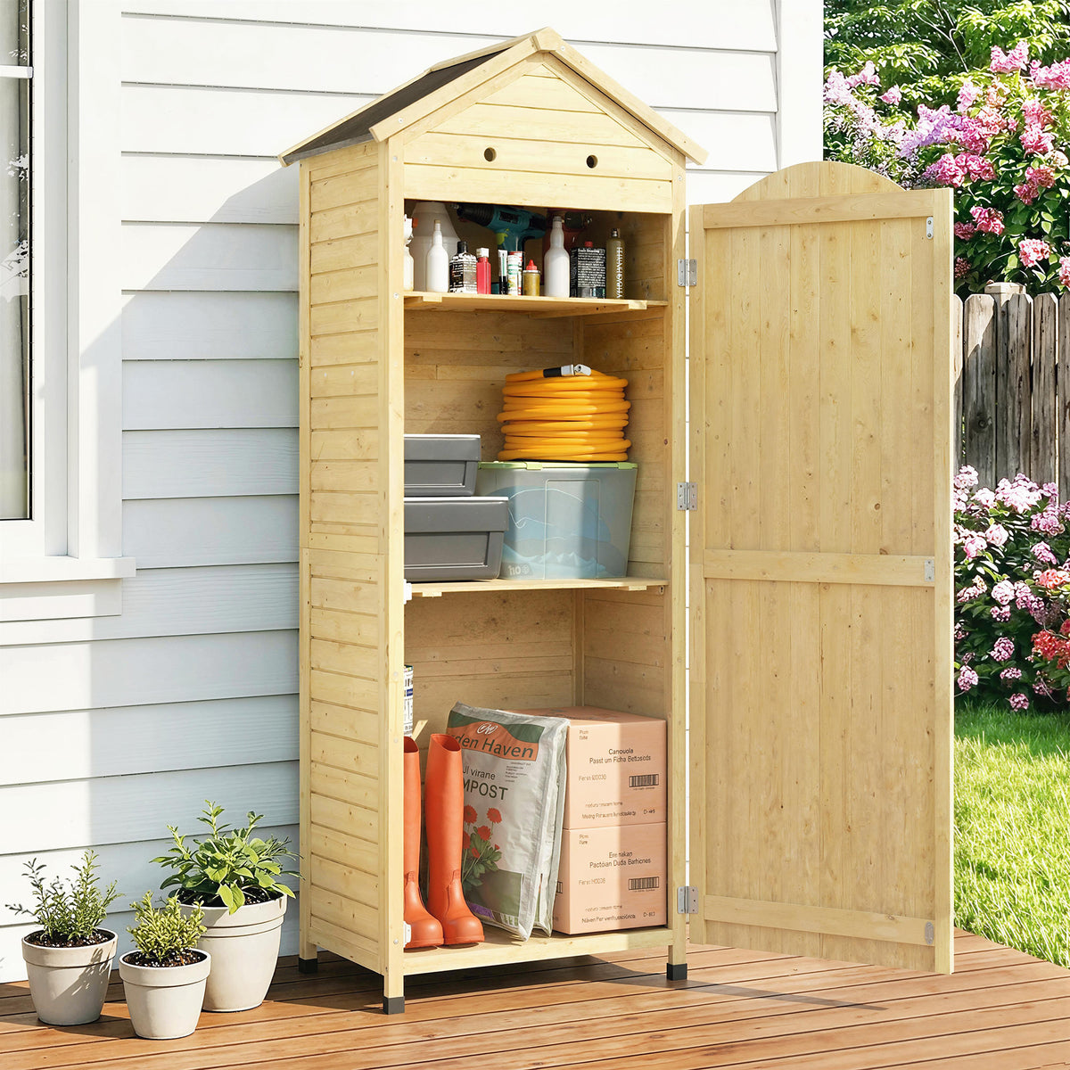 Tuinkast hout verstelbare plank magnetische deur verzinkt dak ventilatie 85x58x213 cm natuurhout (2)