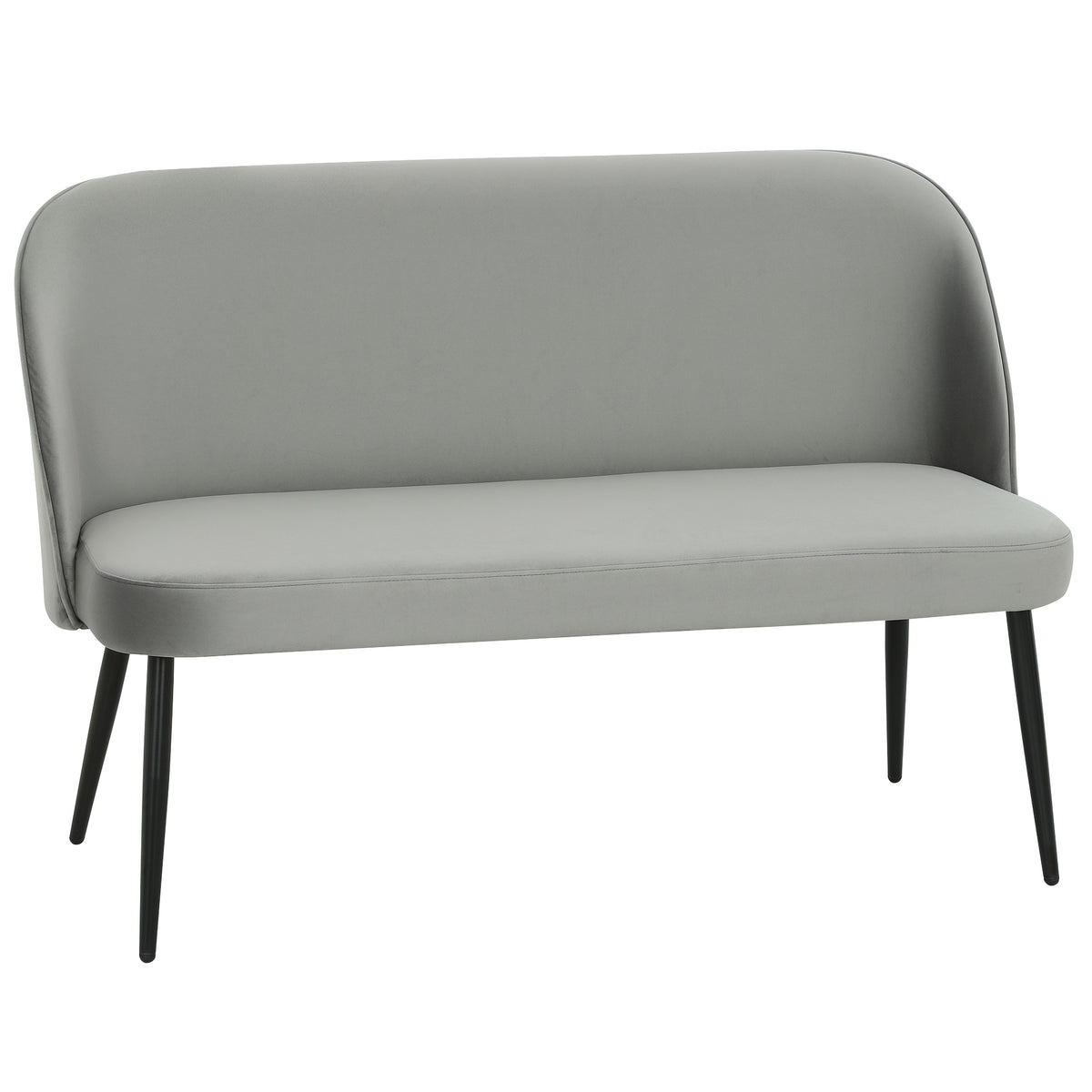 2-zitsbank, moderne gestoffeerde bank met metalen en houten frame, fluweelachtige stoffen bekleding, grijs