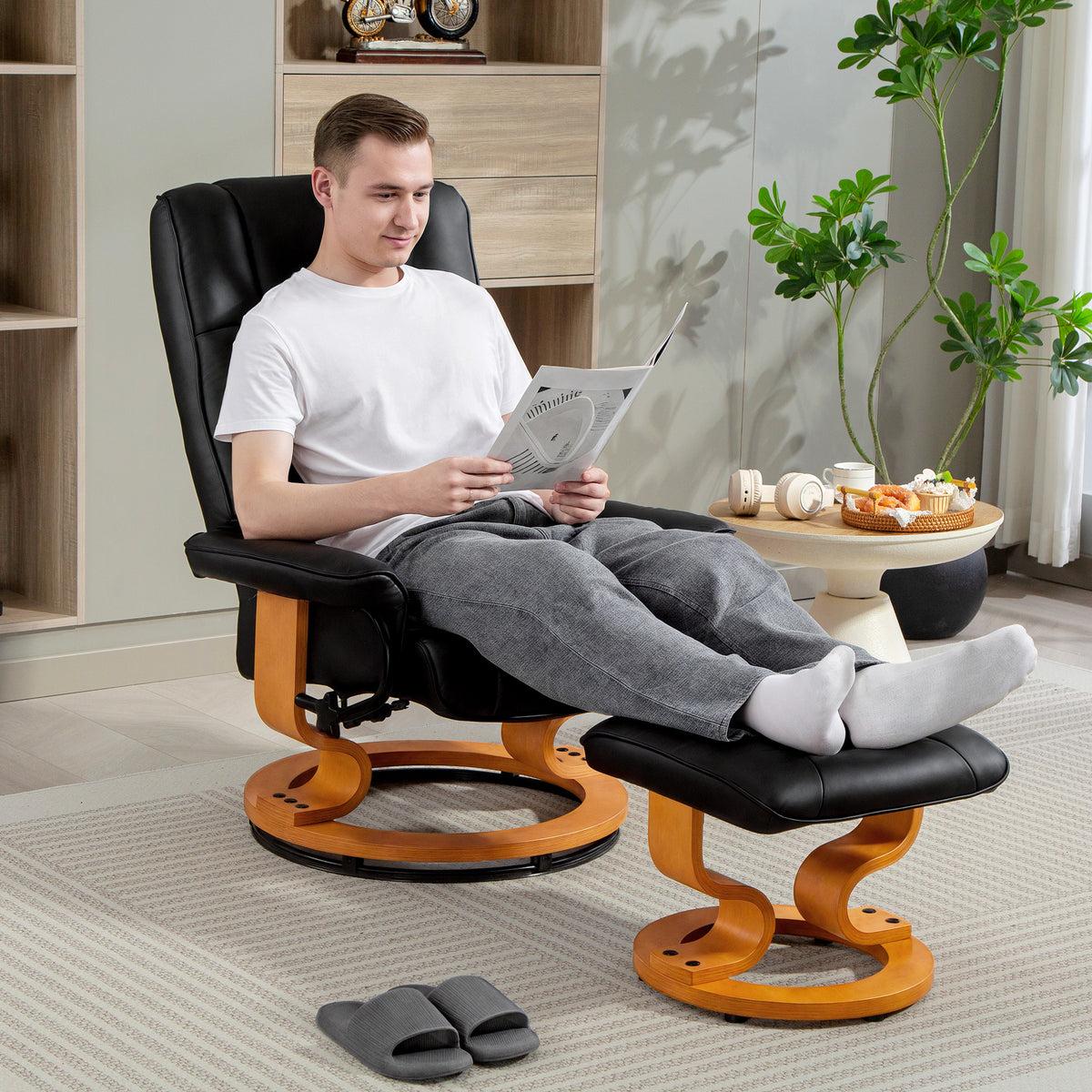 Relaxfauteuil met hocker, draaibaar & kantelbaar, kunstlederen bekleding, tot 150 kg, houten frame, zwart (2)
