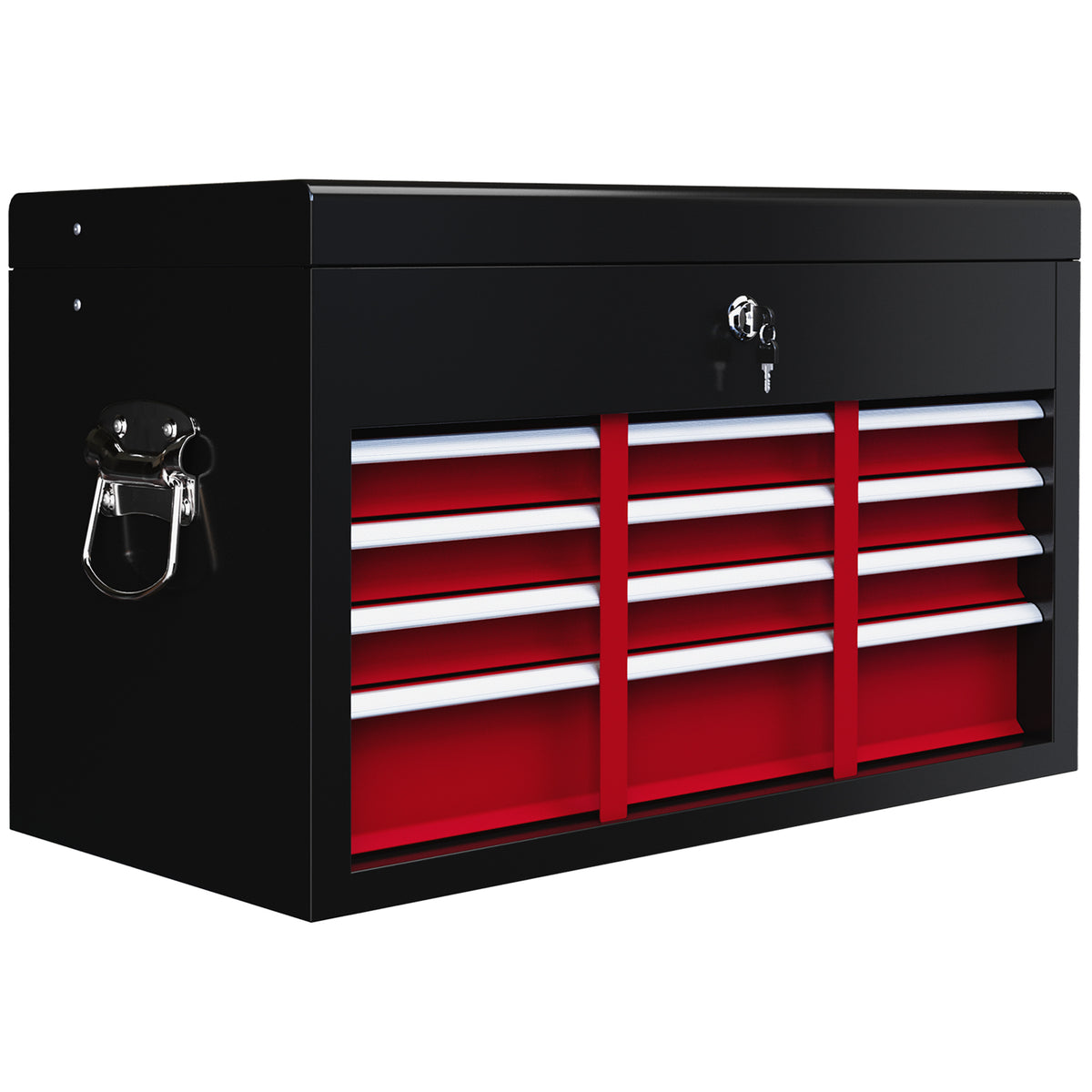 Gereedschapskist, afsluitbaar, 3 lades, stalen behuizing, 60x26x34cm, rood+zwart