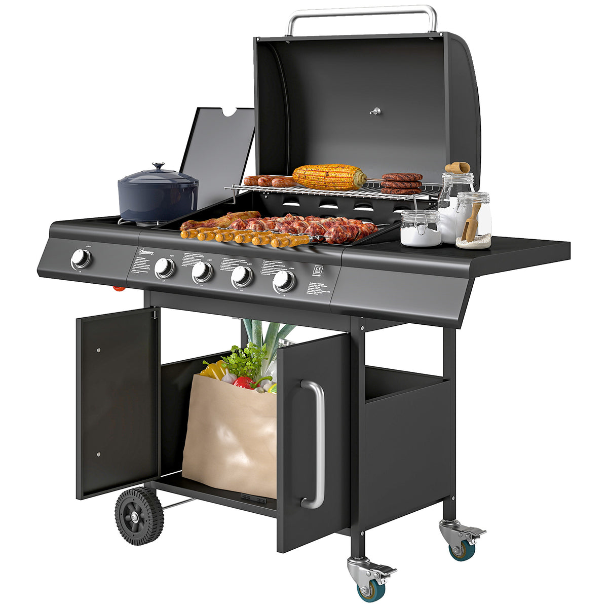 Gasbarbecue 15,2 KW grillwagen incl. 5 roestvrijstalen branders wielen zijbrander 129,5 x 56 x 110 cm zwart