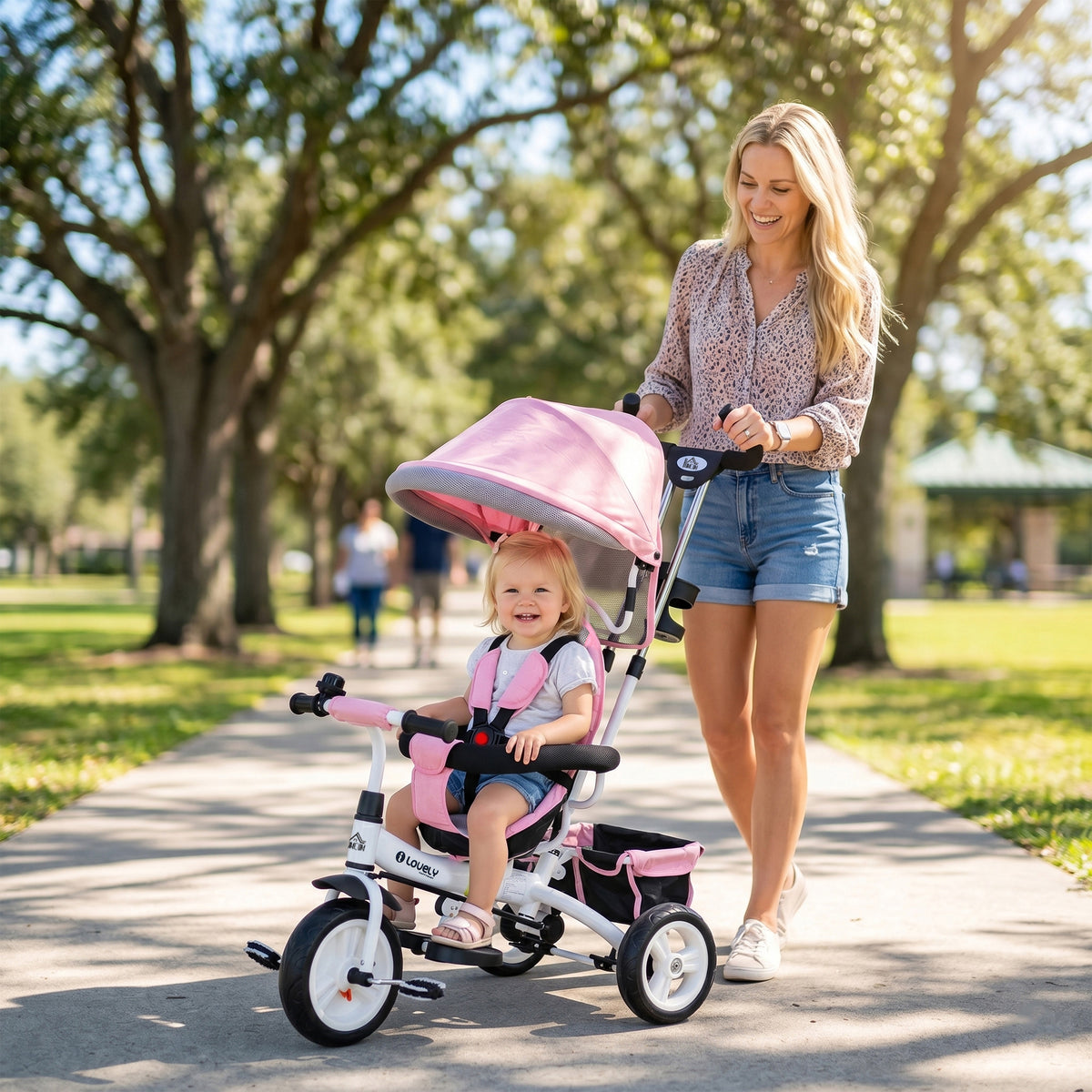 6-in-1 kinderdriewieler met duwstang, zonnekap, veiligheidsgordel, opbergmand, voor 1-5 jaar, roze (2)