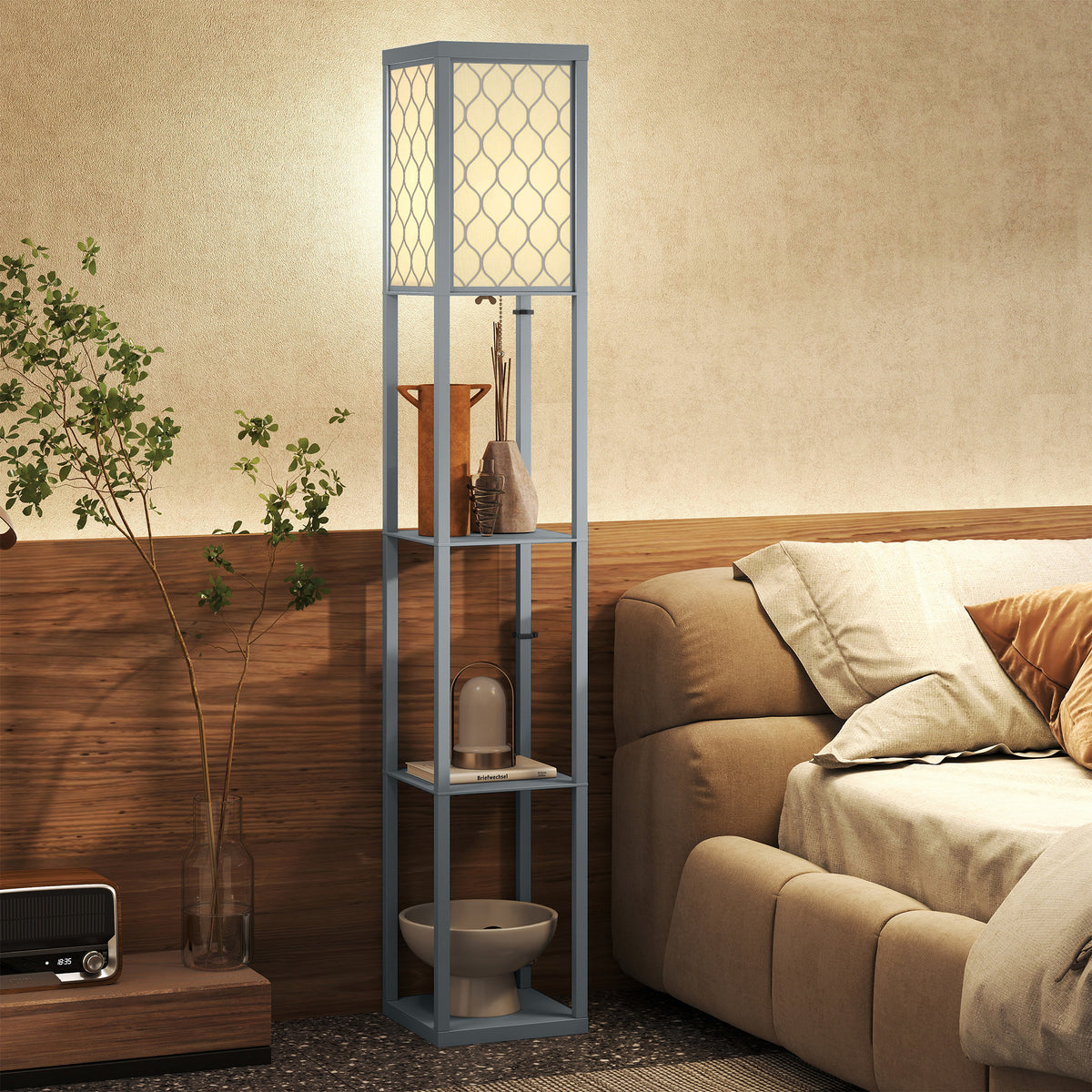 Staande lamp met plank, 3 vakken, compacte afmetingen, MDF, lichtgrijs (2)
