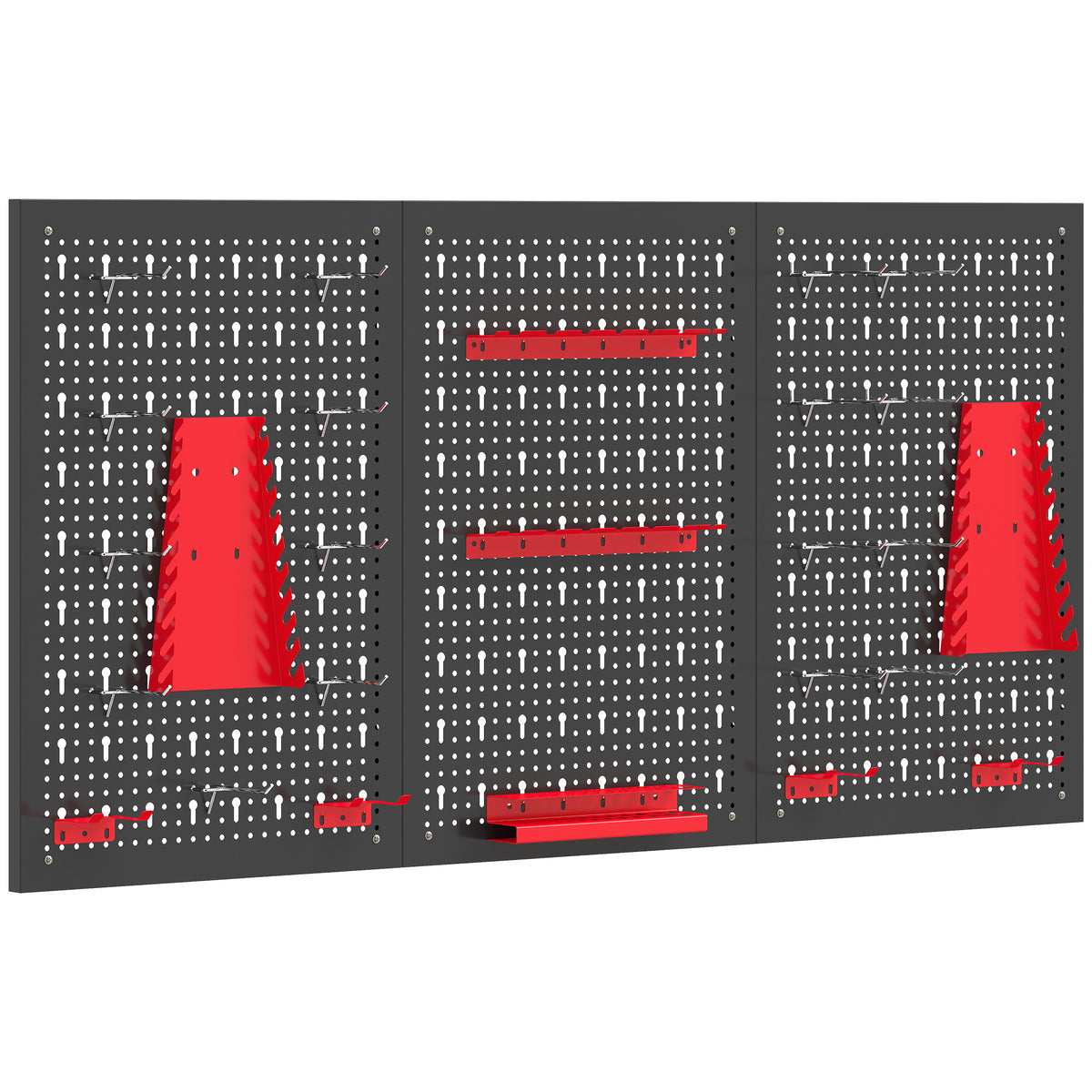 Opslagsysteem wandrek 60 x 120 cm, 28-delig bakkenrek met haken en opbergvakken, werkplaatsrek, zwart+rood