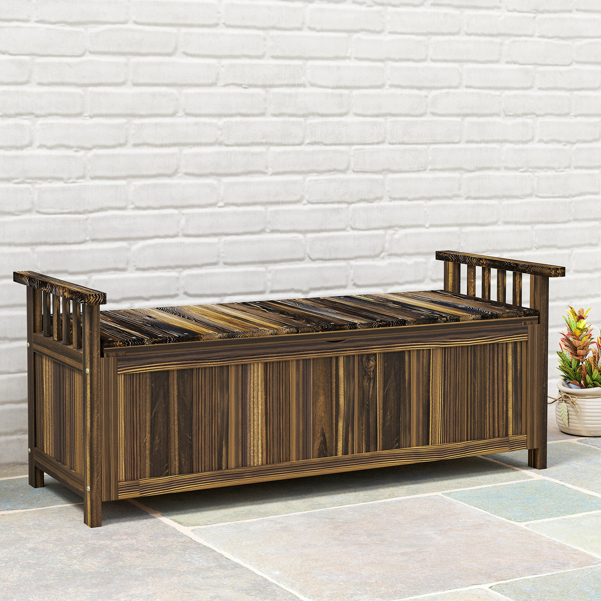 2-zits tuinbank hout, weerbestendige zitbank, tuinmeubelen met opbergruimte in armleuningen 128,5 x 52 x 53,5 cm (2)
