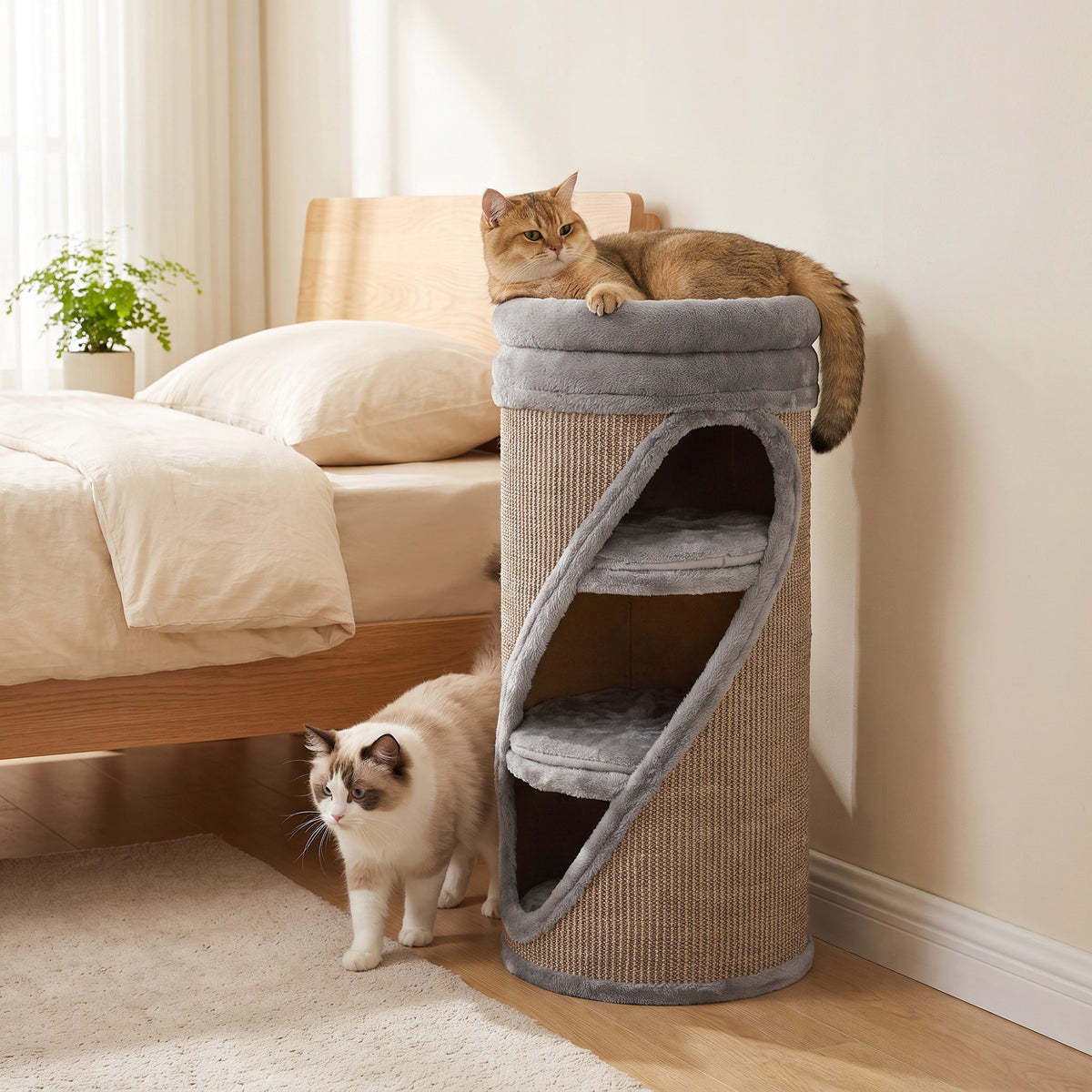 Krabton 75 cm hoog Ø 35 cm 4-laagse kattenmand met 3 holen, afneembaar wasbaar pluche bed sisal-kraboppervlak (2)