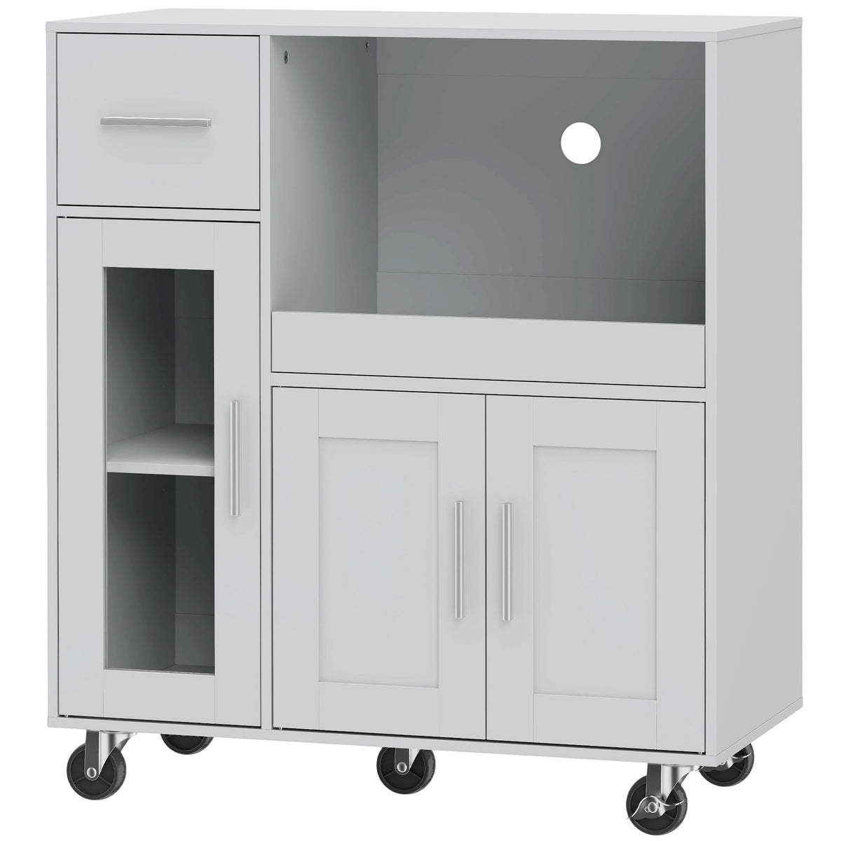 Keukenkast op wielen, verrijdbaar keukenmeubel met legplanken, lades, verstelbare plank, kabelopening, grijs