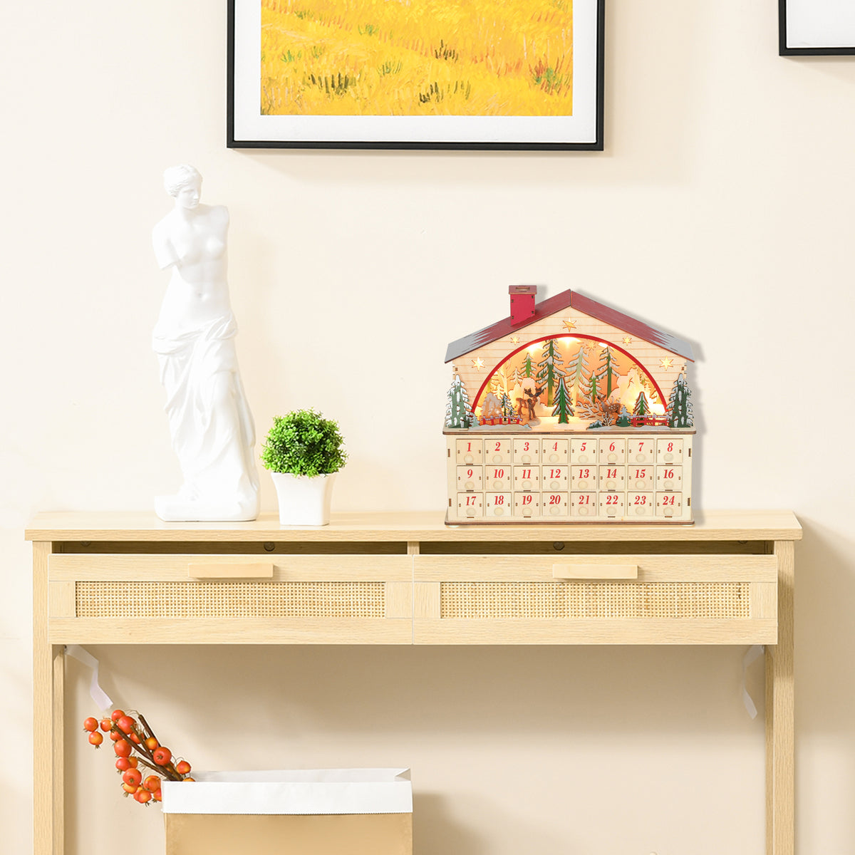 Adventskalender om zelf te vullen, 24 lades, kerstkalender met ledverlichting, natuurlijk hout, 36 x 10 x 34 cm (2)