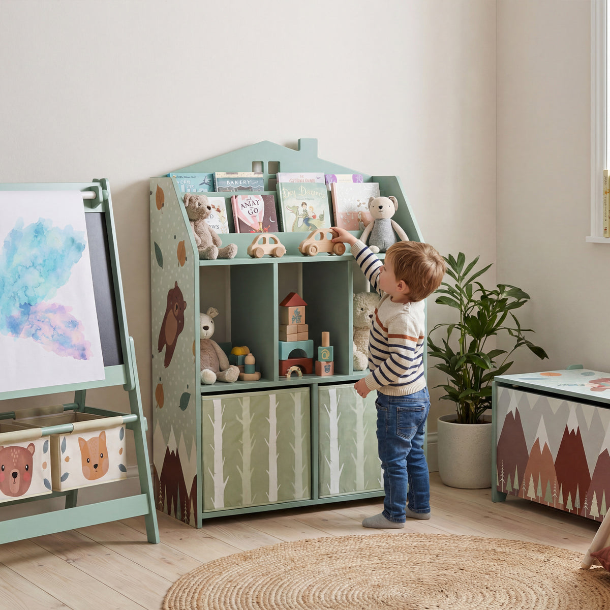 Kinderboekenrek met 2 stoffen lades, open rek voor 3-8 jaar, 62,5x30x91,5 cm, groen (2)