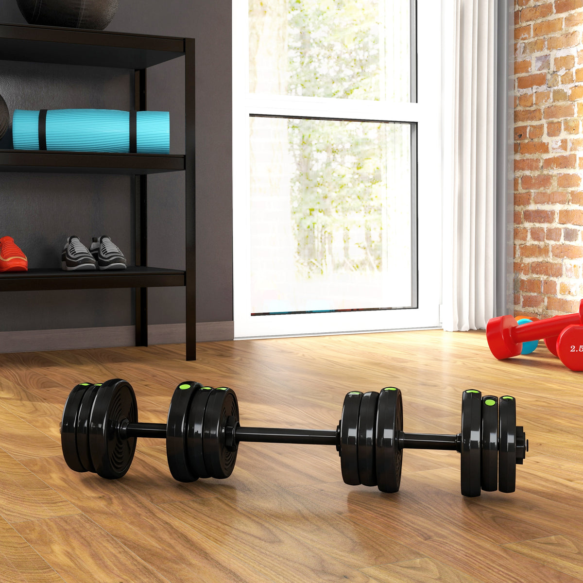 2-in-1 halterset, lange & korte halter, 20 kg, antislip, vloervriendelijk, zwart/groen (2)