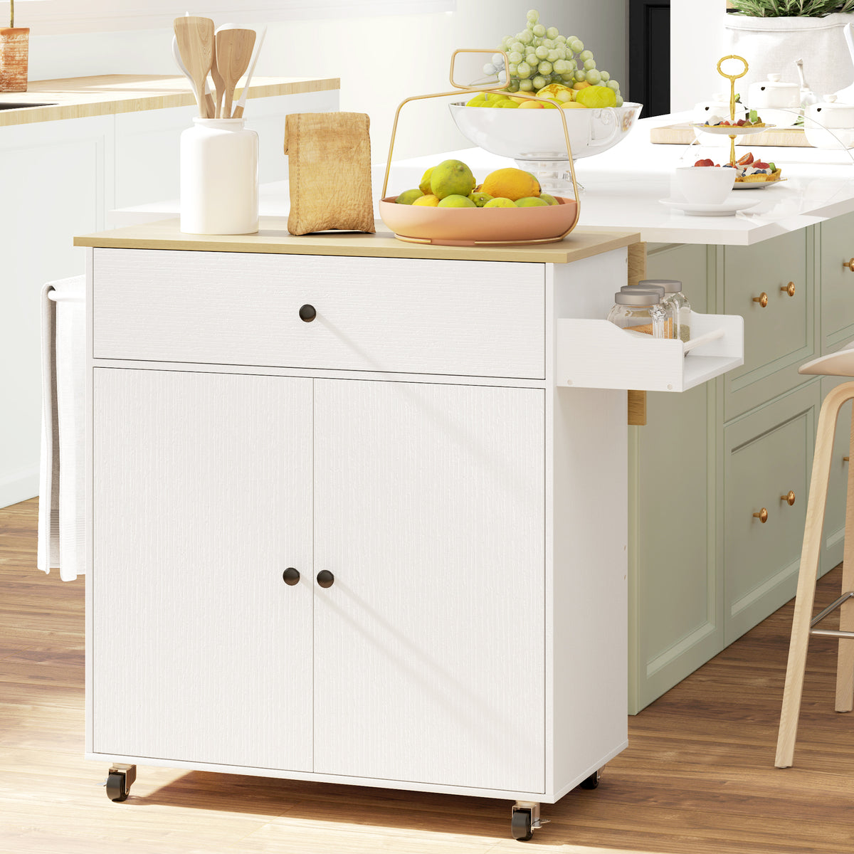 Keukenwagen met lade, kastvak, handdoekstang, 106 x 42 x 87 cm, wit/eiken (2)