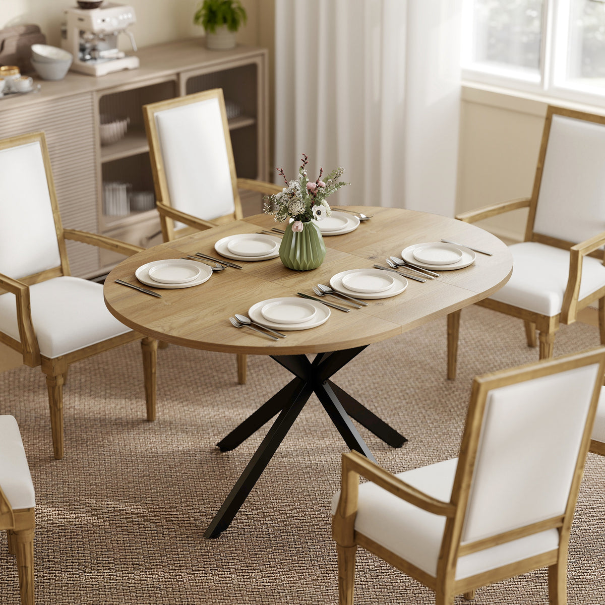 Uitschuifbare eettafel voor 4–6 personen, keukentafel in industriële look met spinpoot, naturel (2)