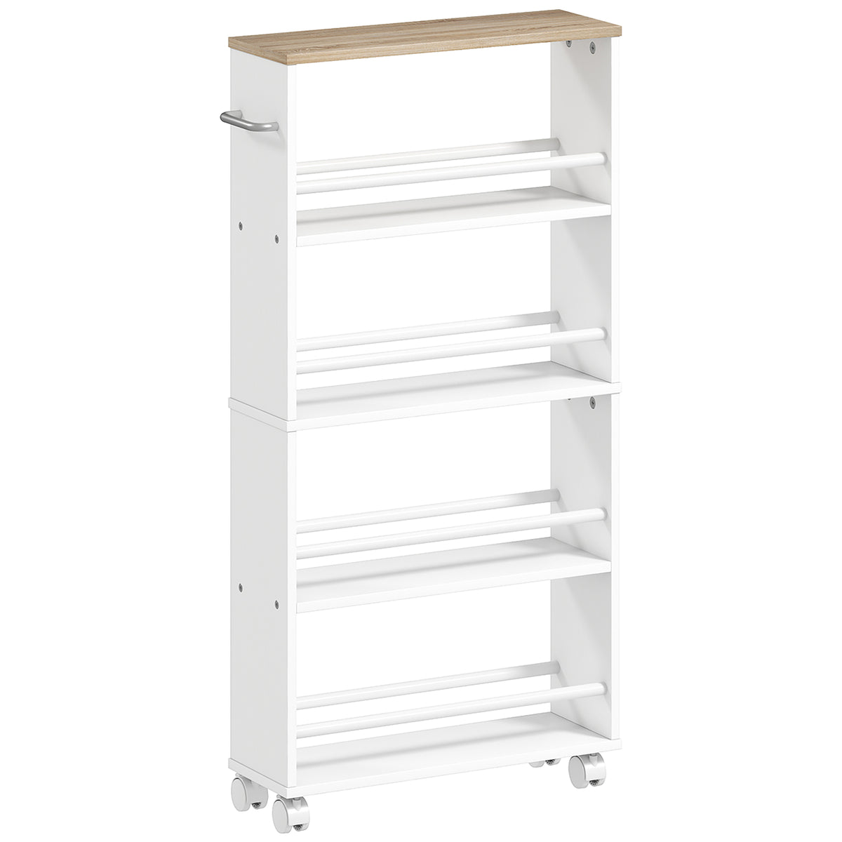 Multifunctioneel rek met wielen, smal ontwerp, 4 vakken, 45x15x91 cm, naturel
