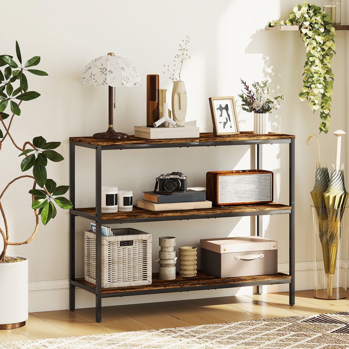 Sidetable, bijzettafel met 3-laagse plank, spaanplaat, metaal, lichtbruin (2)