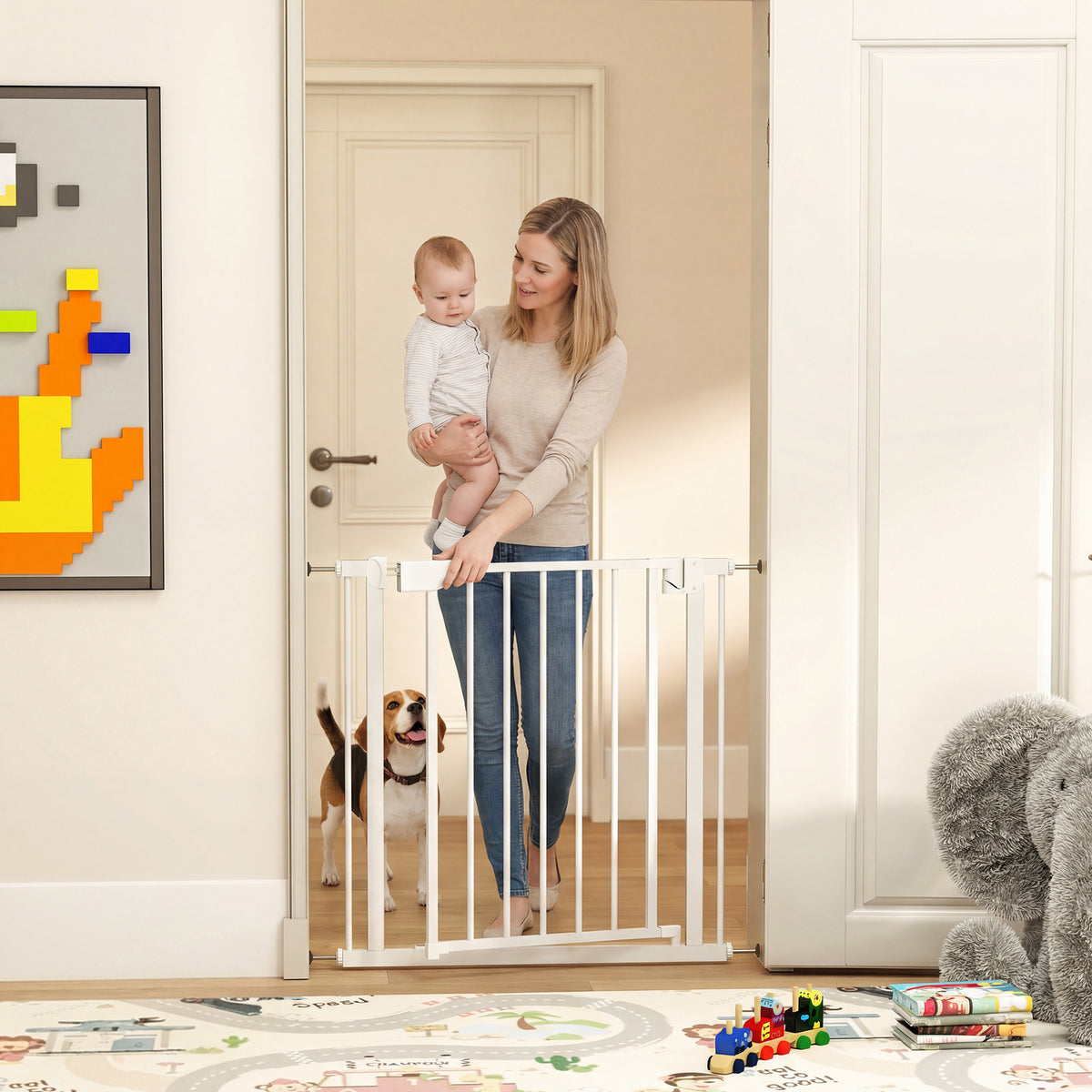 Traphekje veiligheidshek zonder boren met automatische sluiting voor kinderen keuken trap 76-81 x 76 cm wit (2)