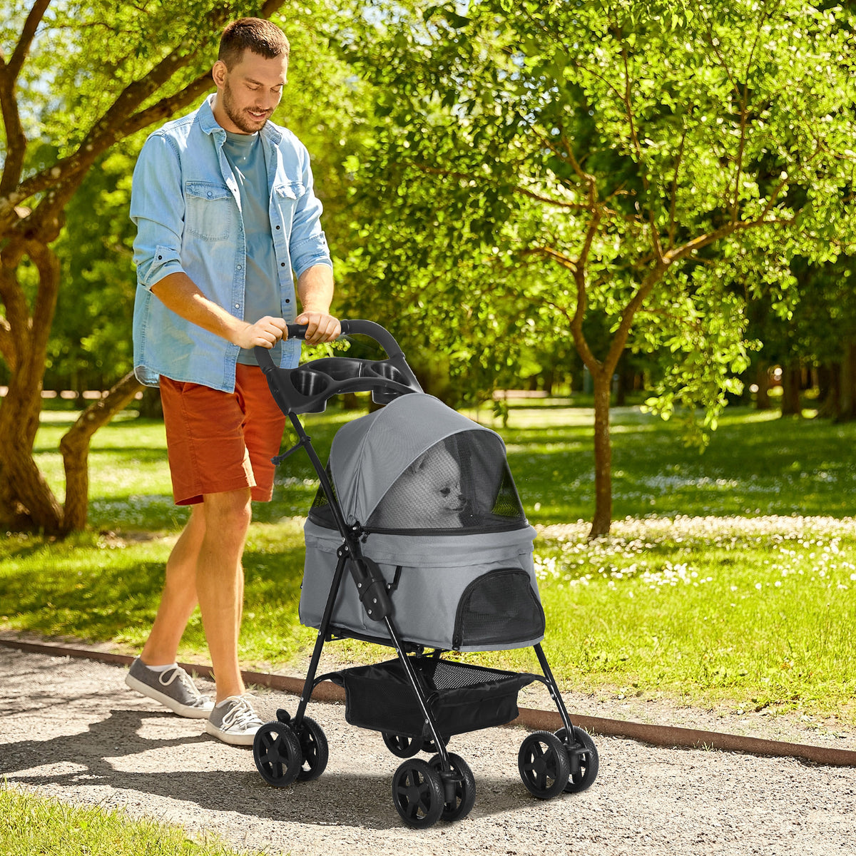 Hondentrolley hondenwagen tot 4 kg inklapbaar netvenster bodemmand bekerhouder afneembaar dak grijs 67 x 45 x 96 (2)