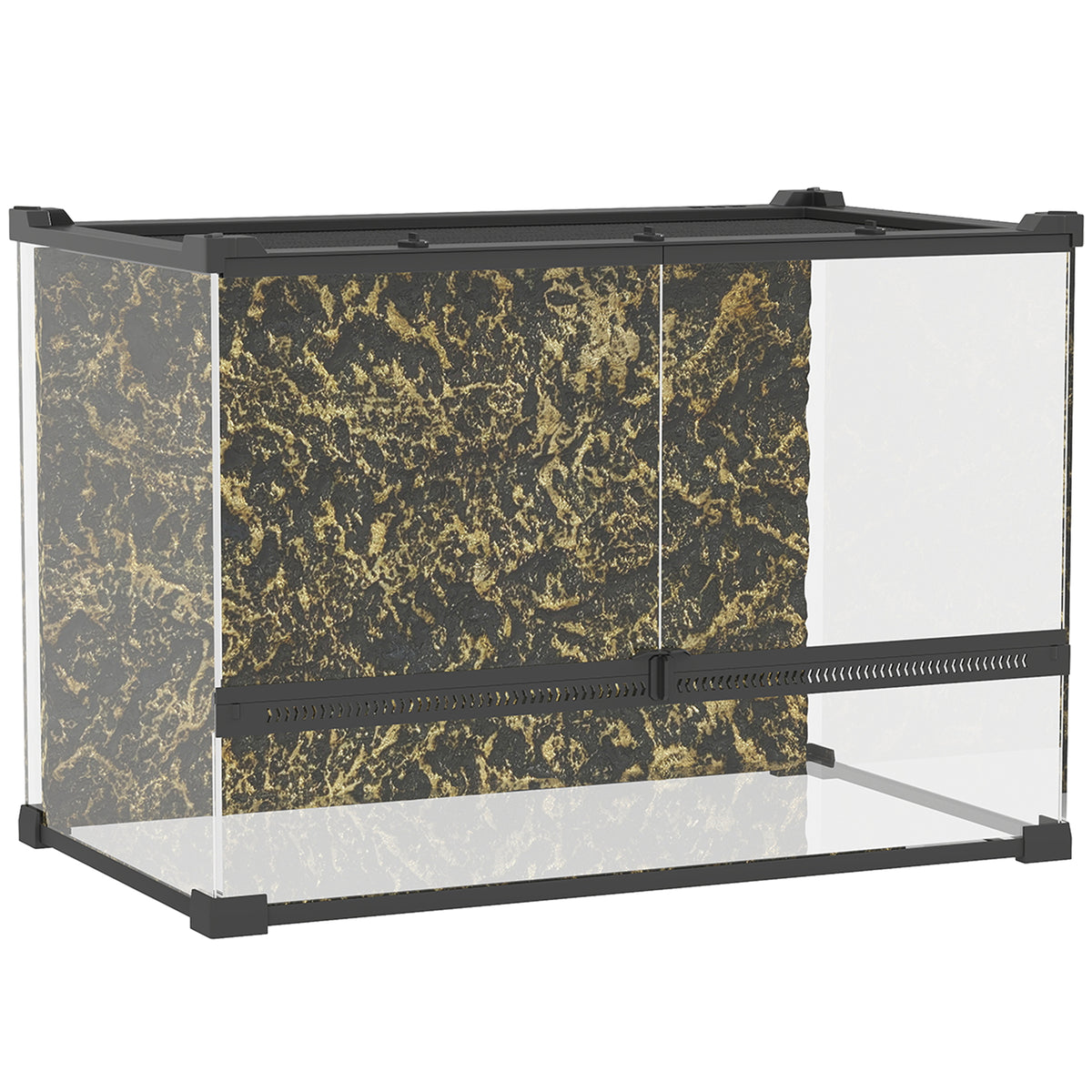 Reptielenterrarium glazen terrarium 48L met ventilatie aan de voorzijde, stenen achterwand, draaisluiting, 50 x